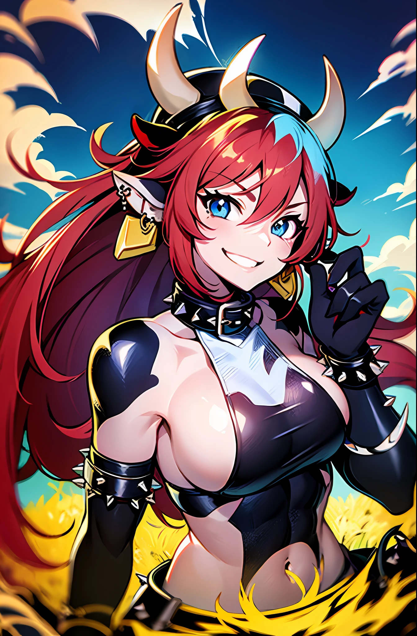 Anime minotaur girl, big blue eyes, red hair, minotaur tail, minotaur horns, big axe in hand, cow-colored hat, piercing ears with gold rings, cow-colored bib, blue short shorts with white bekh and spikes, cow-colored pants, leather studded gloves, smiling, cute, open kind, militant look, on the background of a path in a field, beautiful colors, saturated colors, 4k