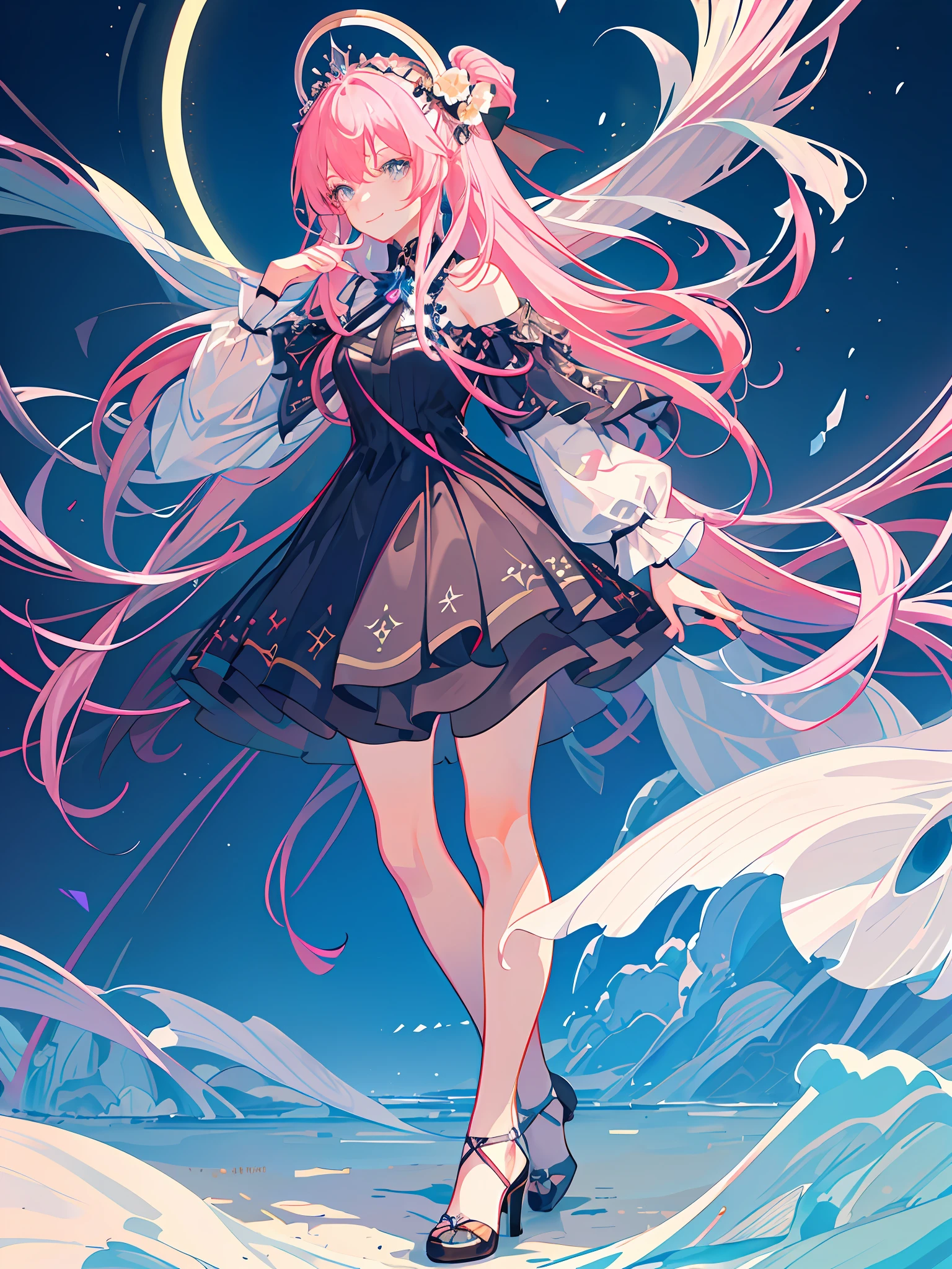 Masterpiece, best quality, best quality, Amazing, beautiful detailed eyes, 1girl, fine detail, Depth offield, extremely detailed CG unity 8k wallpaper, masterpiece, upper body, (vtuber minato aqua), pink hair, blue streaked hair, palace, holy, white and ground split dress, mature woman, standing, bust, silver tiara, smile, black high heels, extra-long hair, body turned to one side, jewelry, blue flowers in hair, gray eyes, close-up