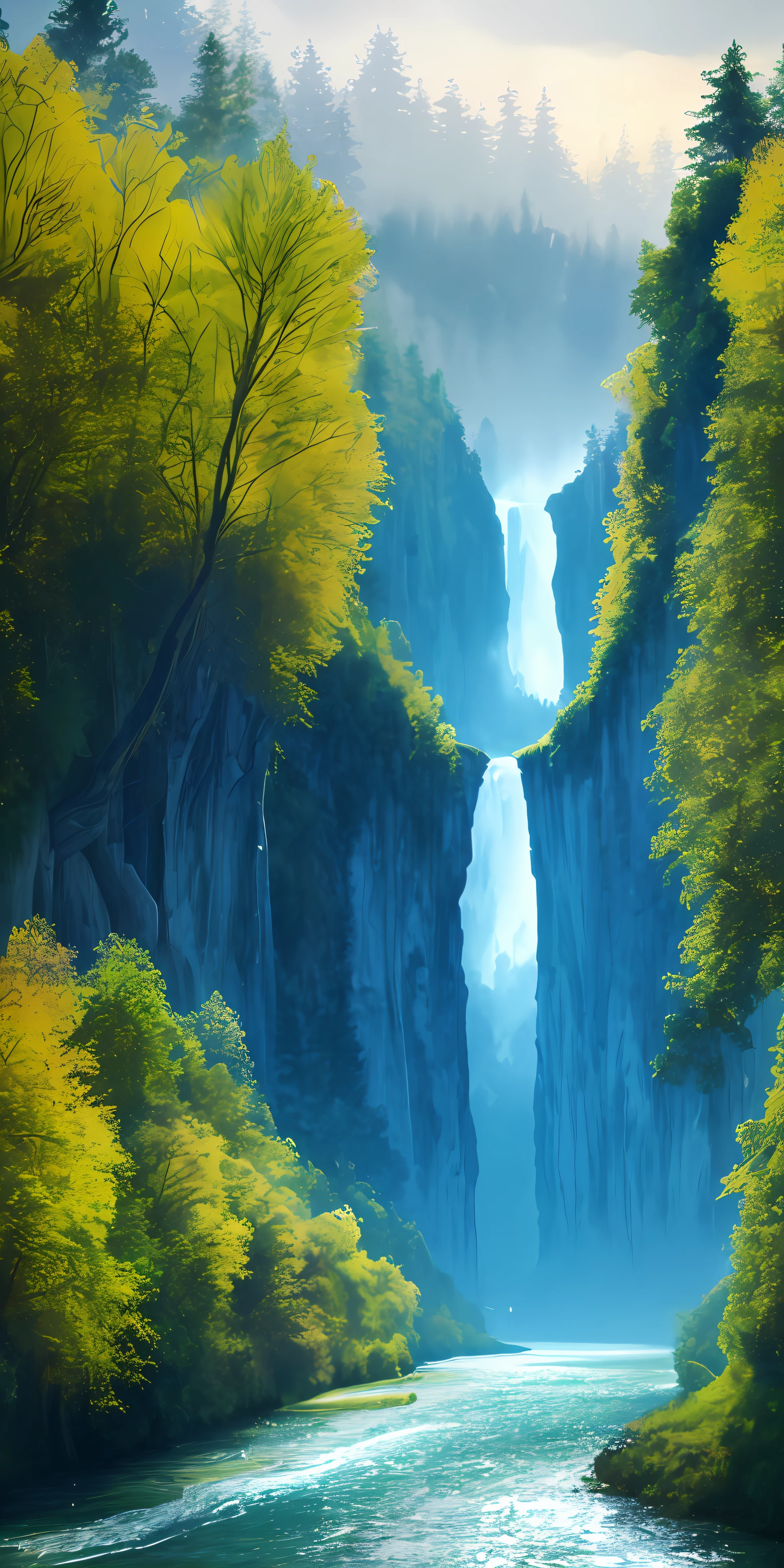 Analog style,ChromaV5,nvinkpunk,(extremely detailed CG unity 8k wallpaper),An image of a majestic river, trees on the sides, tiny waterfall, intense fog ,award winning photography, Chromatic Aberration, Detailed , HDR, Bloom, style by Monet, Pissarro, and Sisley ,trending on ArtStation, trending on CGSociety, art by midjourney
