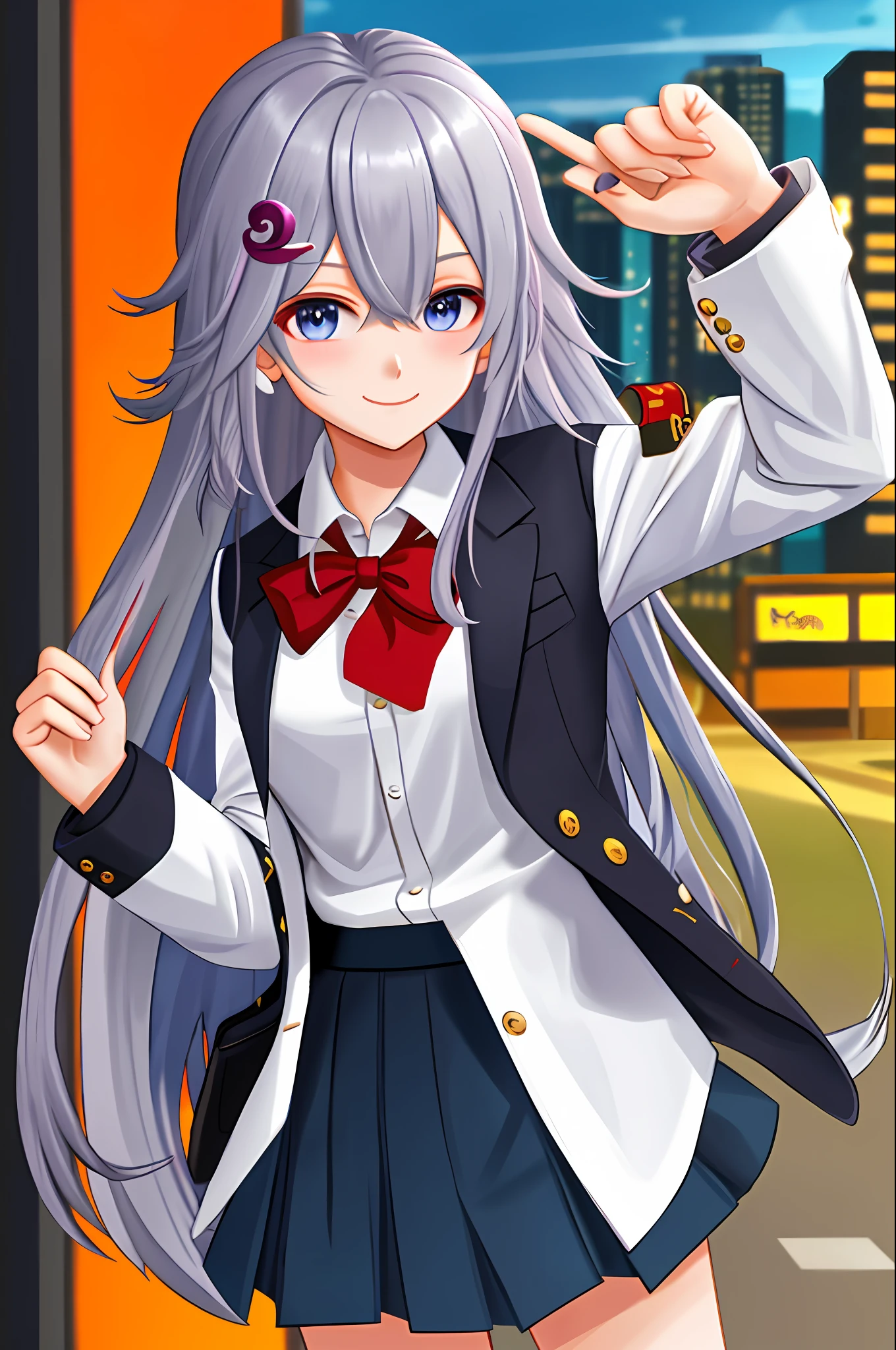 Fu hao, solo, 1girl, city, long hair, hair over one eye, looking at viewer, eyes visible through hair, school uniform, uniform, skirt, simple background, white shirt, blazer, hair ornament, grey hair, hands behind, sexy pose, blush, smile,