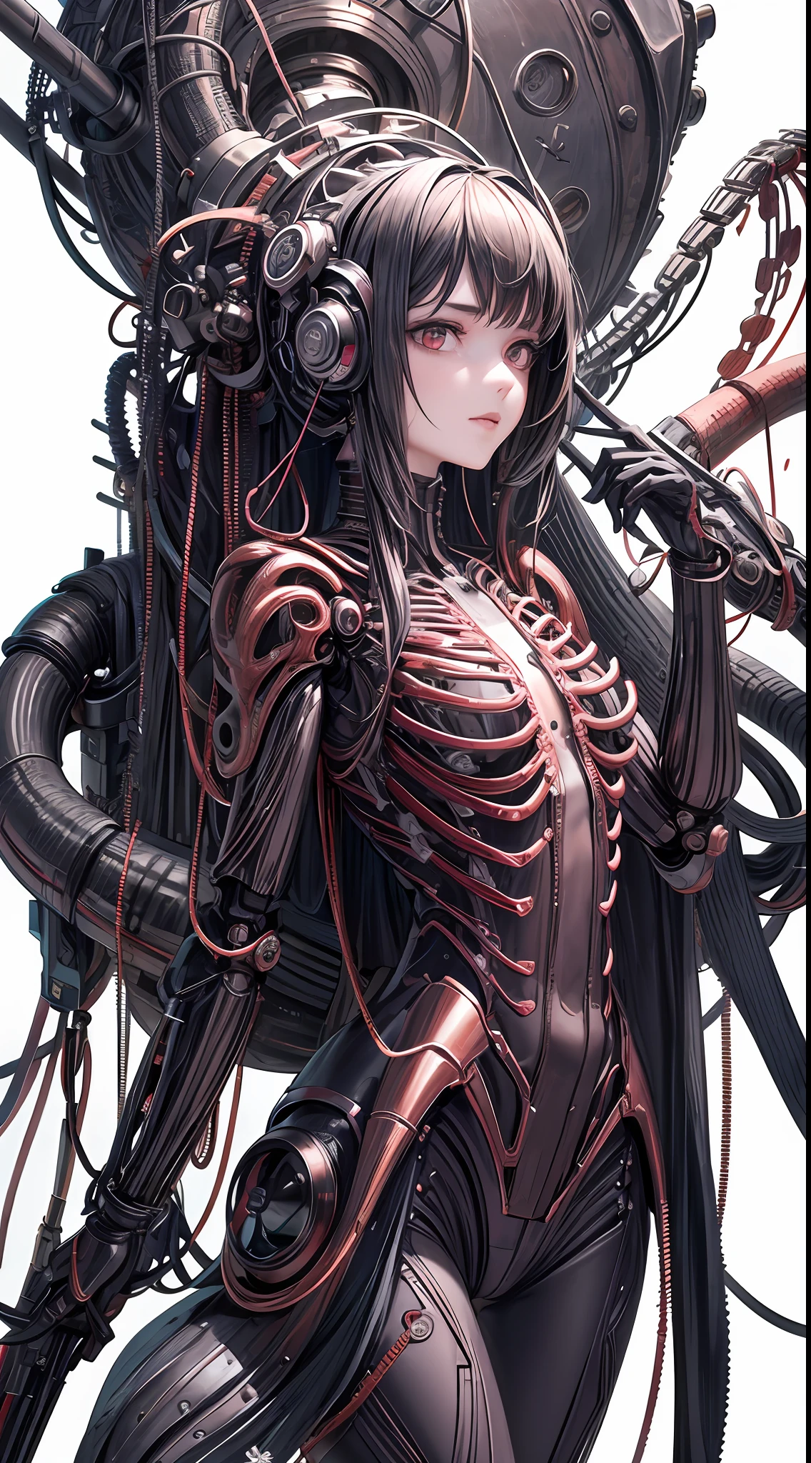 (((Masterpiece))), ((Best Quality)), (Super Detail), (CG Illustration), (Very Evil and Beautiful)), Cinematic Light, ((1 Mechanical Girl)), Single, (Mechanical Art: 1.4), ((Mechanical limb)), (Blood vessel attached to a tube), ((Mechanical spine attached to the back)), ((Mechanical cervical vertebrae attached to the neck), (Back to the viewer)), expressionless, ( Wires and cables attached to the head and body: 1.5), Science Fiction, Apocalypse, Ruins, (Lower Body Integrated with Mechanical Devices), (Blood: 1.5), Cruelty, Absurdity, Eroticism, Fusion with Machines, Doomsday Time, Super Future, Inorganic, Laboratory, Restraint, (Beautiful Indulgence: 1.2), (1 Girl: 1.3), Body Wrapped Around Mechanical Tentacles