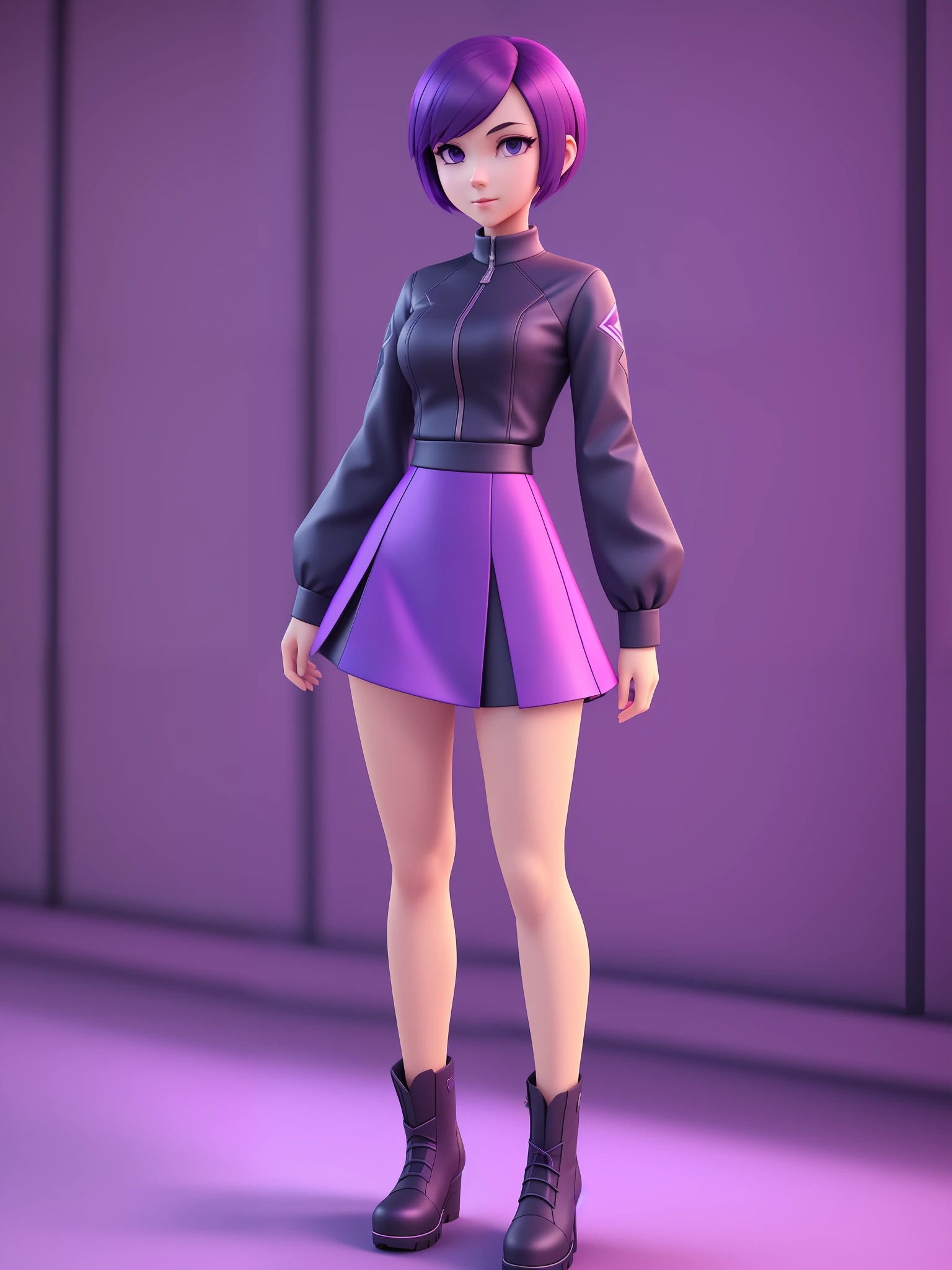 Young girl, a cartoon character light dark purple clothing, (short hair and dark blue), stylized character, animation character, stylized 3d render, 3d character, highly detailed character, stylized anime, stylized 3d, render character, character model, full body, maximum quality