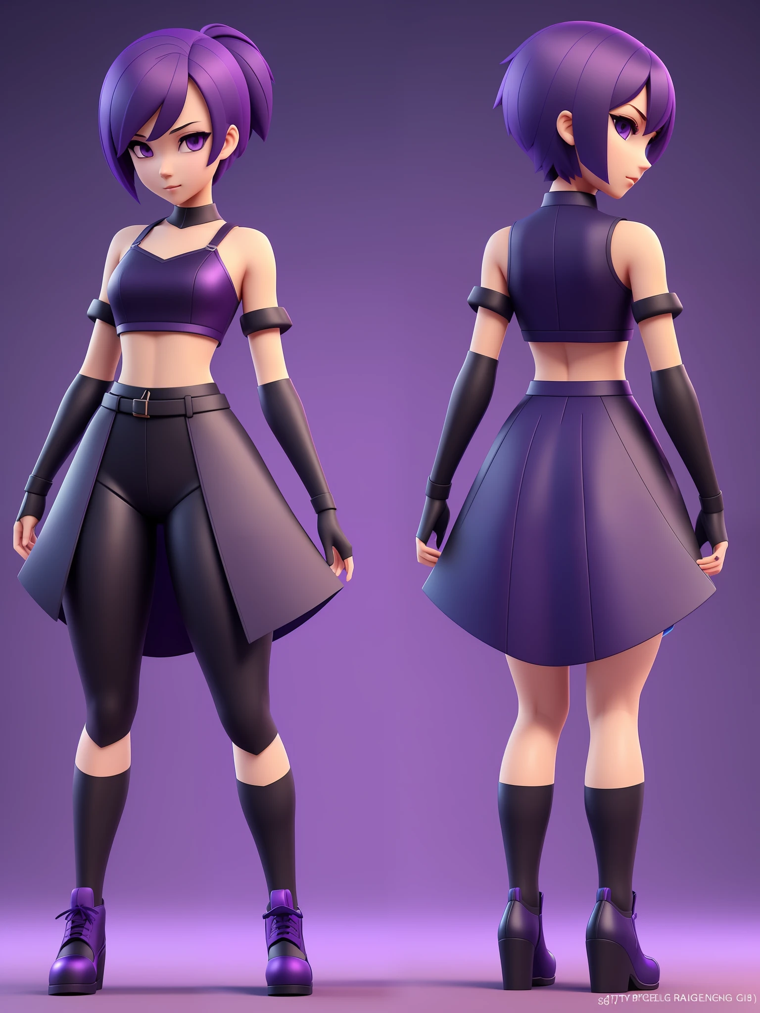 girl, a cartoon character light dark purple clothing, (short hair and dark blue), stylized character, animation character, stylized 3d render, 3d character, highly detailed character, stylized anime, stylized 3d, render character, character model, full body, maximum quality