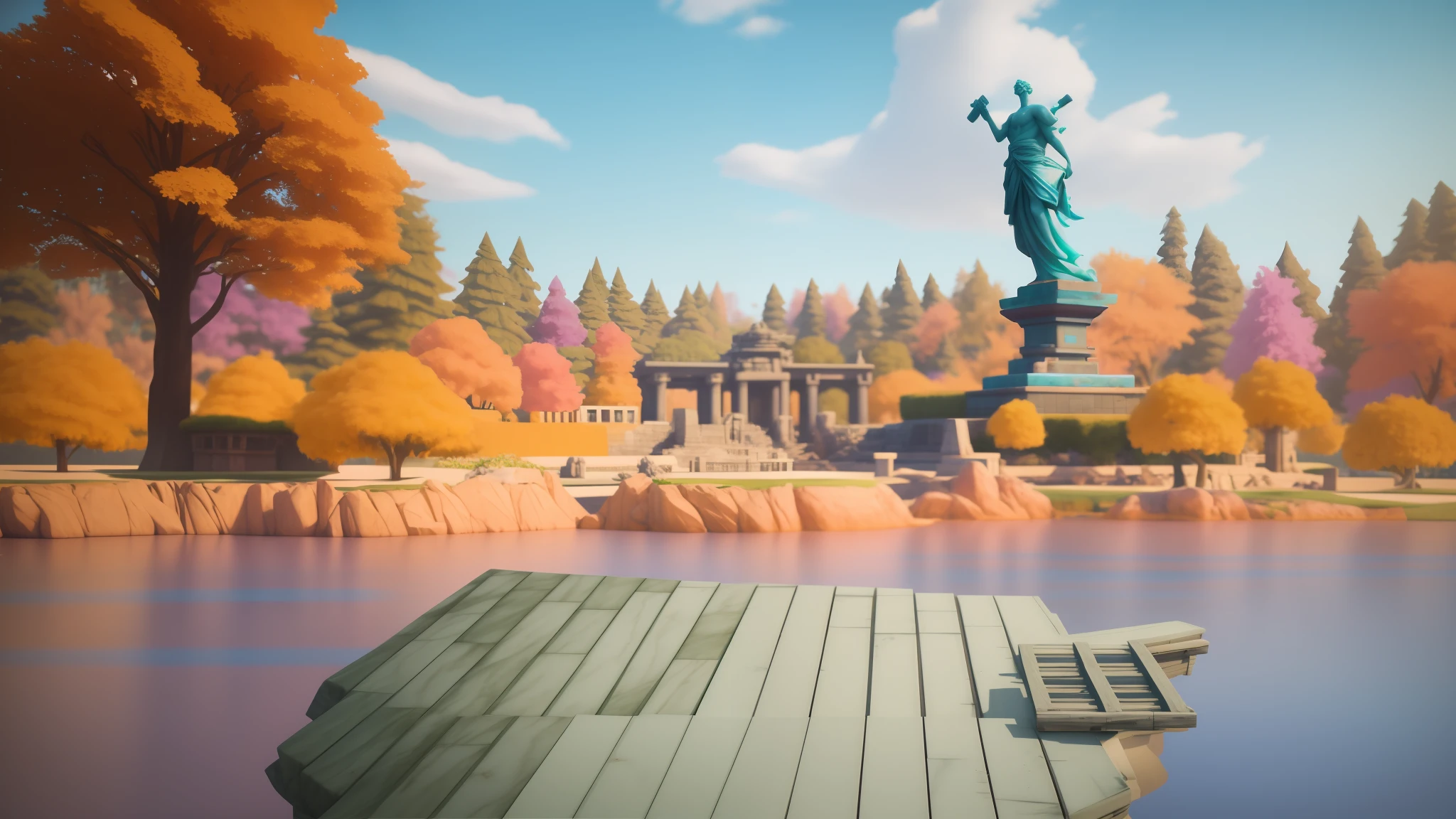 There is an island on a dock, vaporwave baroque statue, stylized 3D render, stylized 3D render, stylized as a 3D render, (octane render) fantasy style, background art, submerged temple scene, stylized concept art, realism in the fornite game style, created in Unreal Engine 5, realistic water, old wooden deck