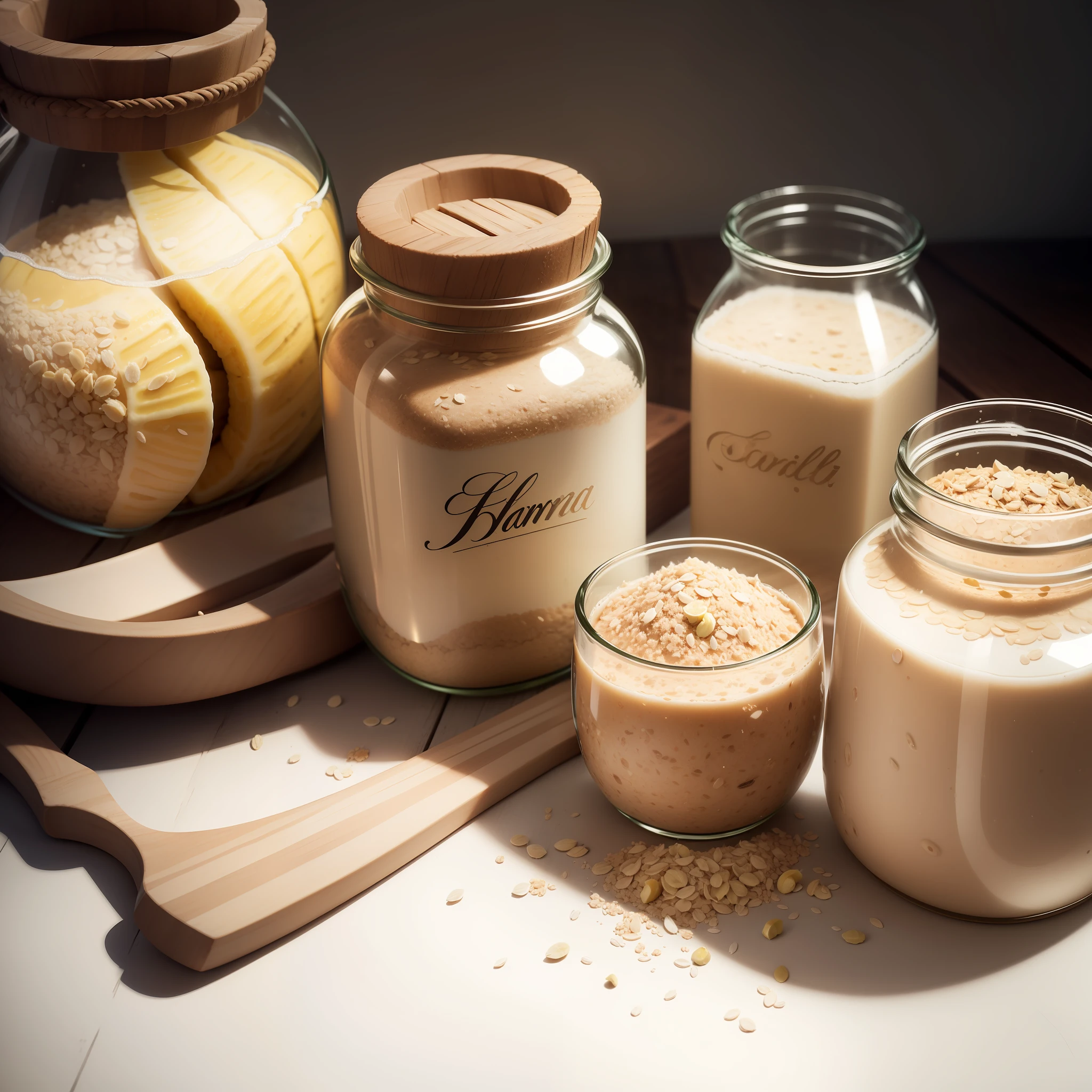 on the white table, a jar and a glass with banana vitamin and oatmeal next banana and a pot with oatmeal, Realism, social media composition, atmospheric perspective, high details, high quality, 4K, textured skin