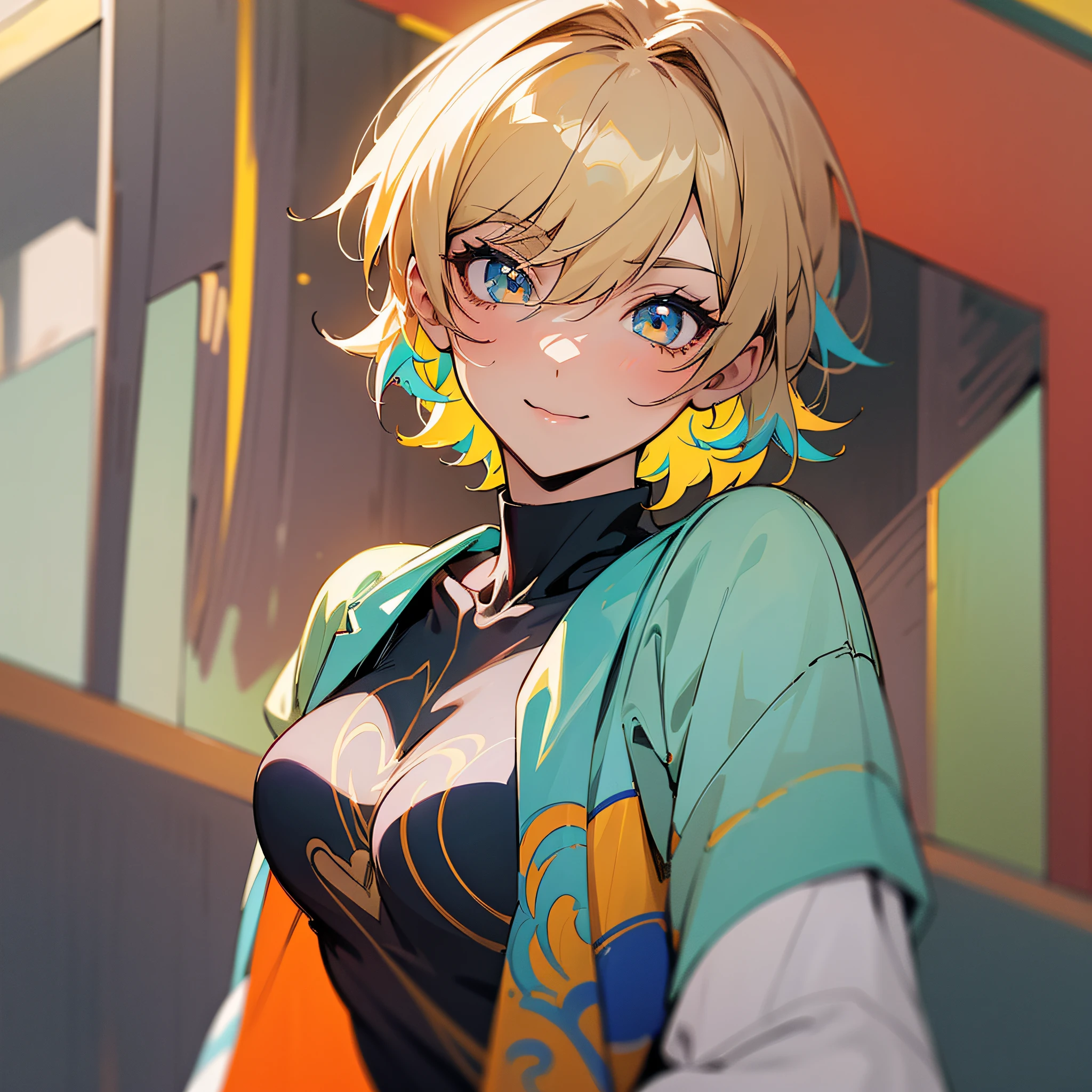 Masterpiece, best quality, {best quality}, {{masterpiece}}, {highres}, focus, anime style, a closeup of a cartoon of a woman, girl design, portrait, giesha, anime image, short hair, colored hair, polished and powerful look, exotic, happy, cheerful, casual chic clothing, colorful, colors --auto --s2
