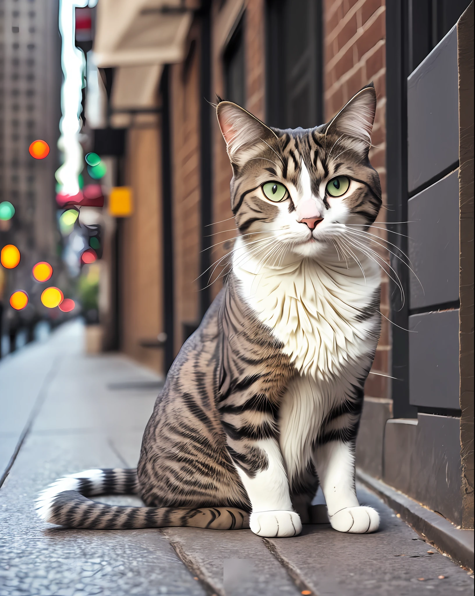 photography of a cat, sitting in sidewalk, new york streets, ultra realistic, photorealistic --auto --s2