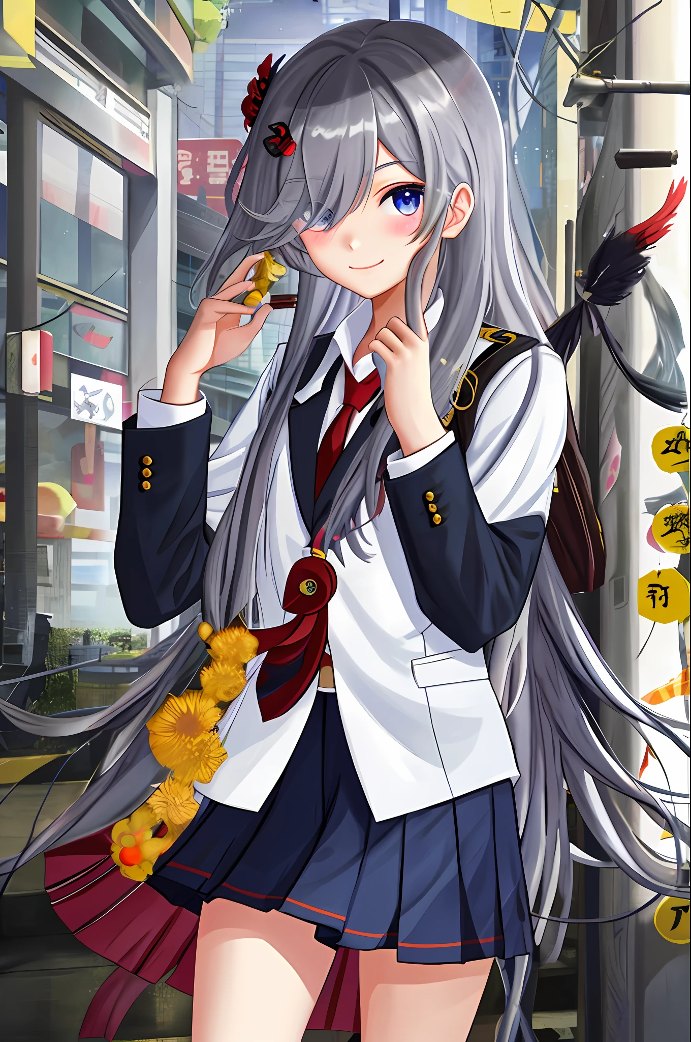 Fu hao, solo, 1girl, city, long hair, hair over one eye, looking at viewer, eyes visible through hair, school uniform, uniform, skirt, simple background, white shirt, blazer, hair ornament, grey hair, hands behind, sexy pose, blush, smile,