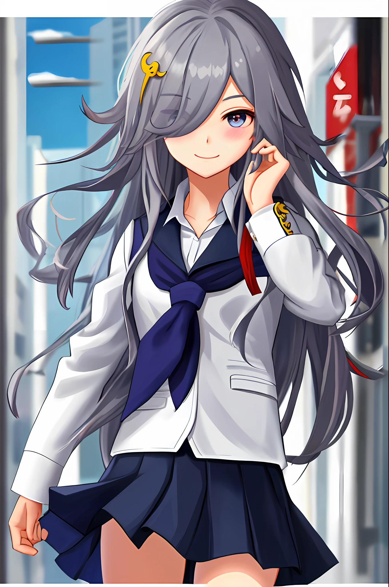 Fu hao, solo, 1girl, city, long hair, hair over one eye, looking at viewer, eyes visible through hair, school uniform, uniform, skirt, simple background, white shirt, blazer, hair ornament, grey hair, hands behind, sexy pose, blush, smile,