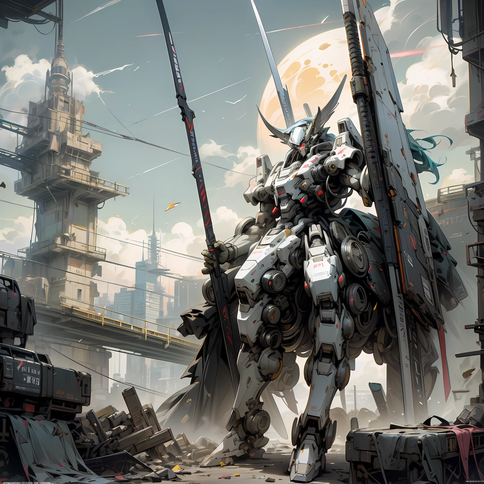 Cyberpunk, Best Quality, Masterpiece, Centaur Mecha, Unmanned, Full Body, Right Hand with Spear Weapon, Mechanical Marvel, Strong and Powerful, Moon, Ruined City, Highest Quality Digital Art, Stunning Art, Wallpaper 4K, Highly Detailed, Military Robots, Army, Warzone, Dynamic Lighting, Movies, Epics, Damaged Mechanical Parts