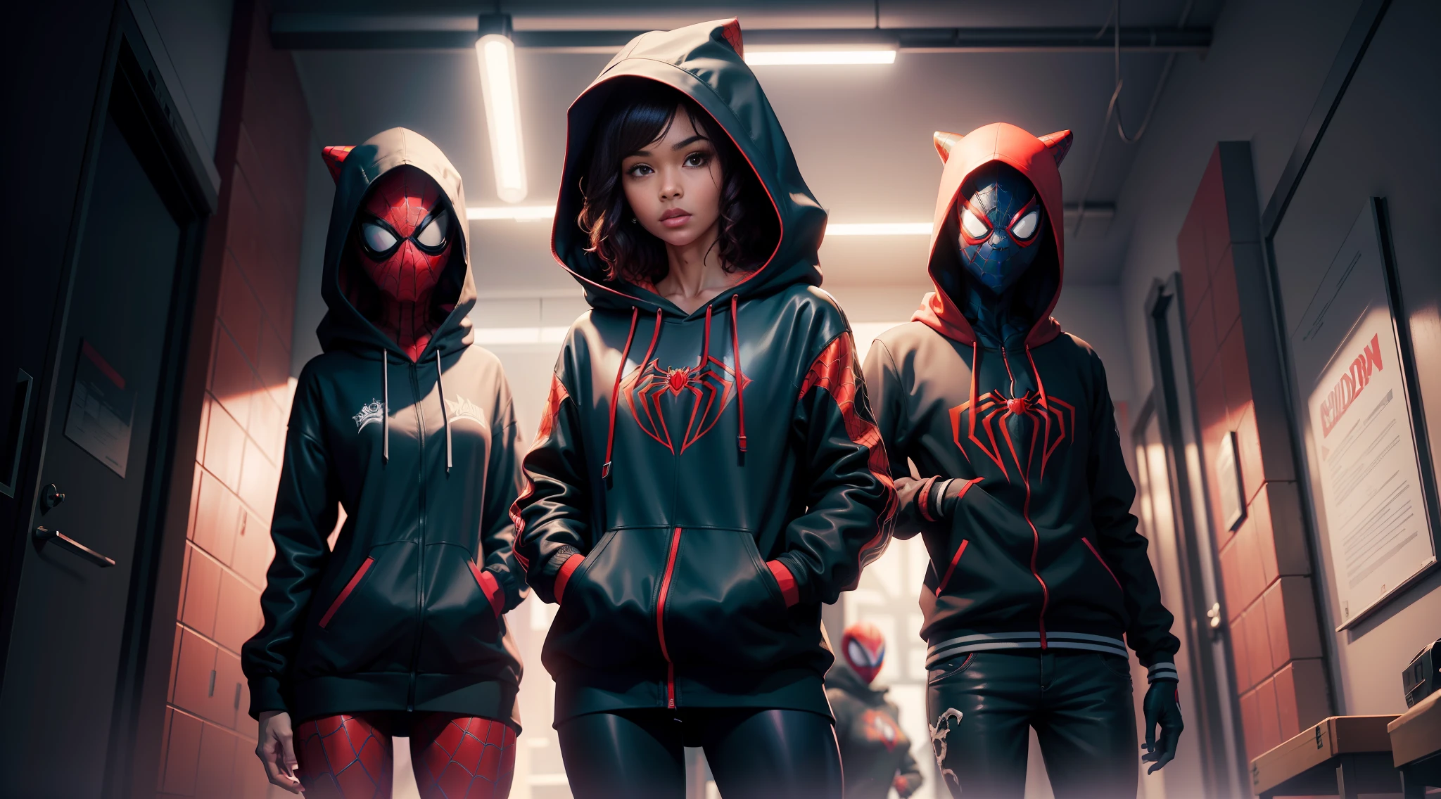woman spider man - spider - man and spider - man in a dark room, spider - verse art style, into the spiderverse, spiderverse, into the spider verse, futuristic style spiderman, miles morales!!!, 3840 x 2160, 3840x2160, miles morales, hq 4k wallpaper, rendered in sfm, super detailed render