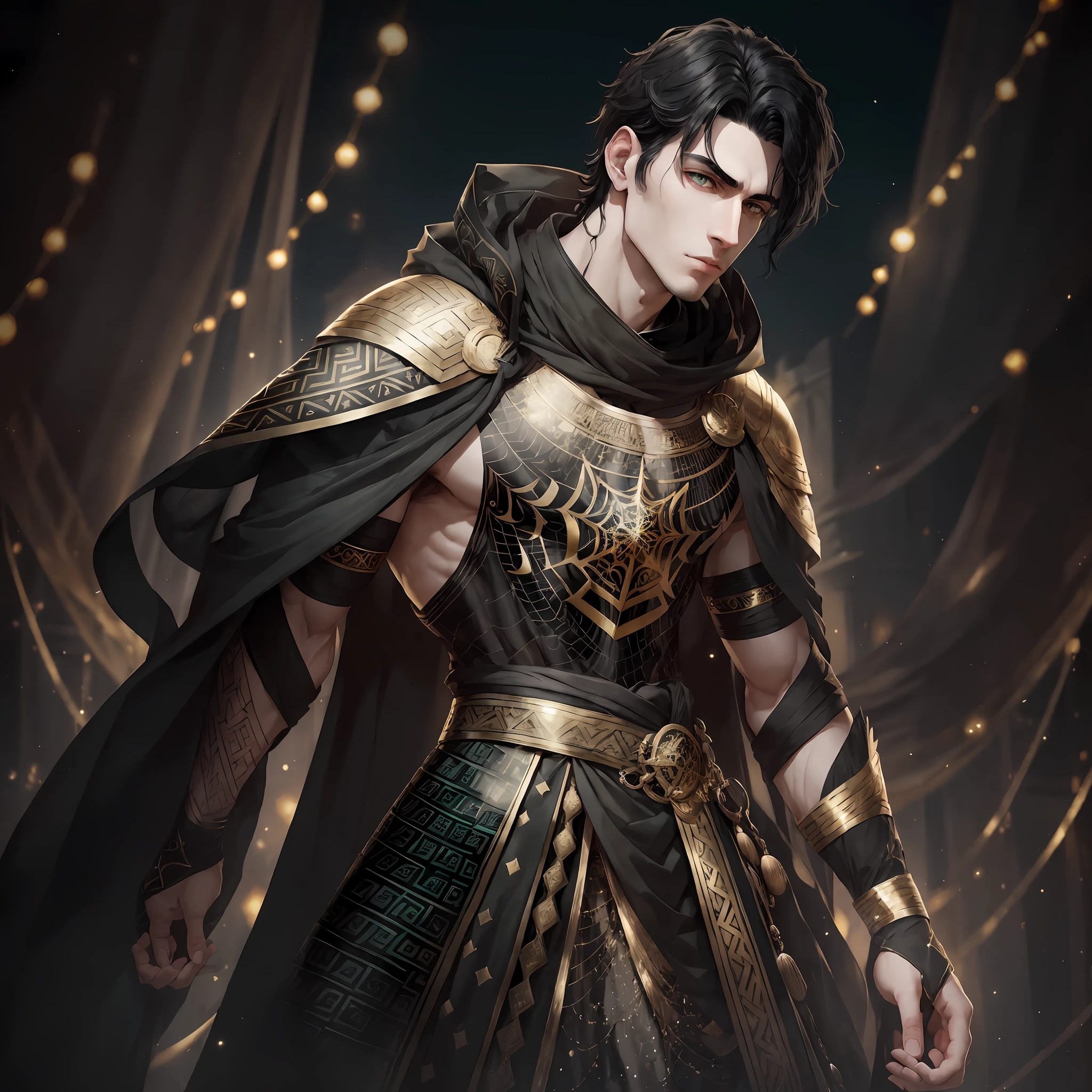 A man with black hair, half pale skin, very handsome, with strong green eyes speckled with gold and with an all black outfit that looks more like those Greek clothes, several spiders ago, on a night on the town with a professional lighting, ultra-detailed, perfect anatomy --auto --s2