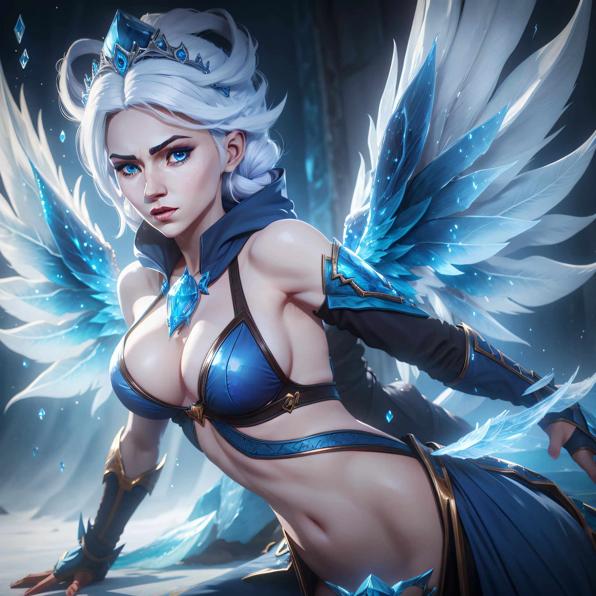Woman, white curly hair, blue eyes, style (anivia league of legends), ice wings, ice crown