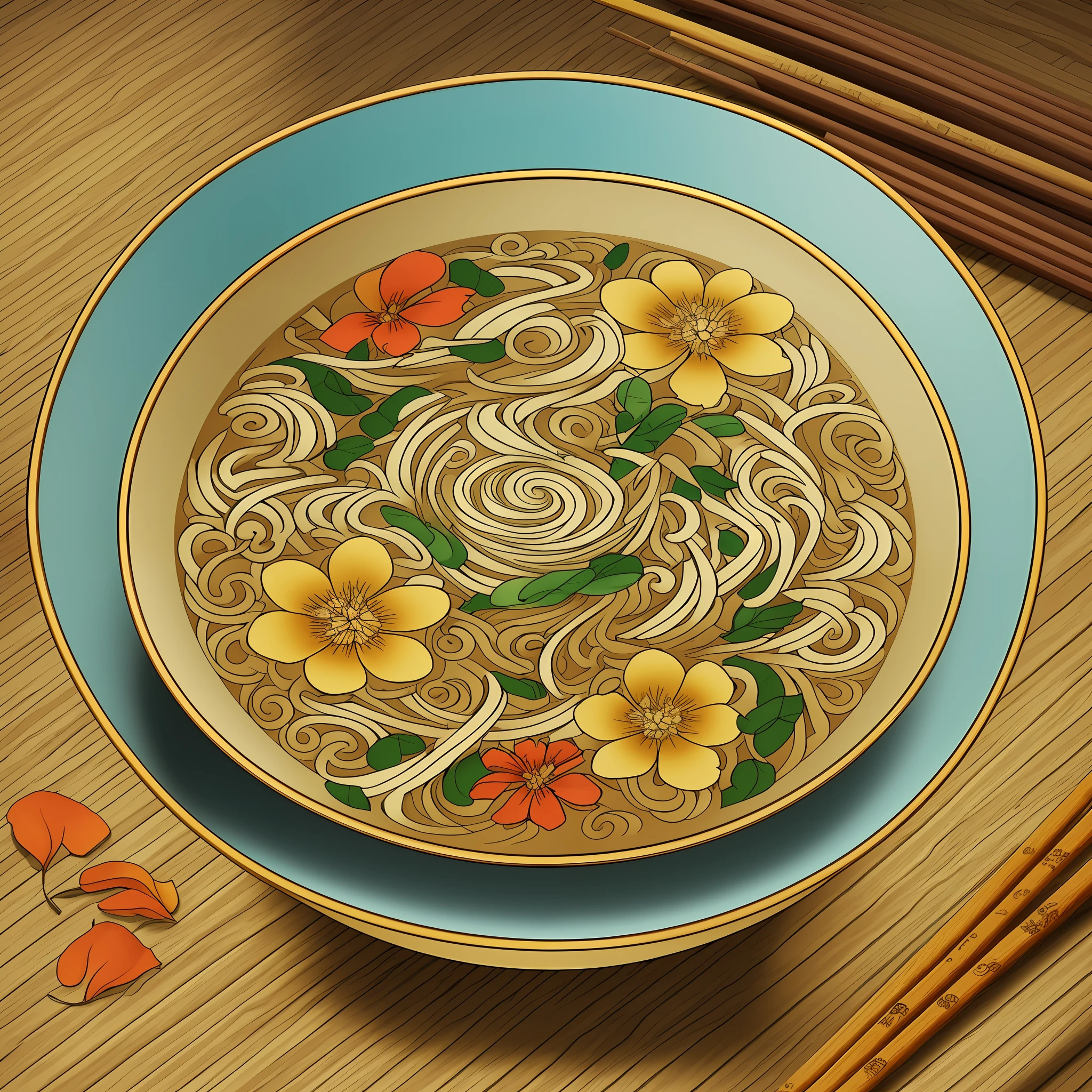 This Prompt language type is zh-CN:

(traditional animation, Tang Mo painting style), a tranquil underwater world with goldfish and flower petals floating in it. In the center is a bowl of hot soup, served in a ceramic bowl, with a tempting aroma of noodle soup. The whole picture is dyed with warm gold tones, creating a warm and cozy atmosphere. --auto --s2