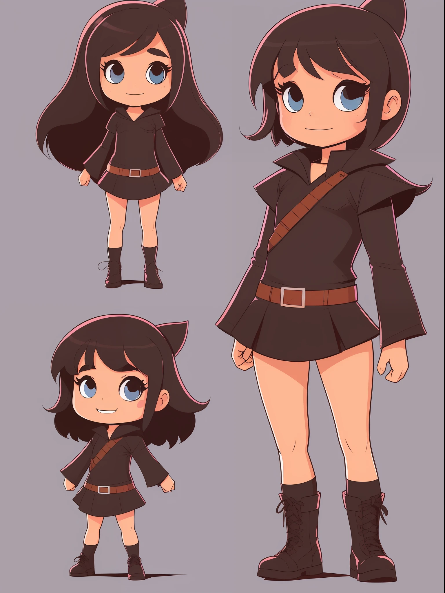 a small and very shy little girl, flat background, model sheet, Skottie Young style