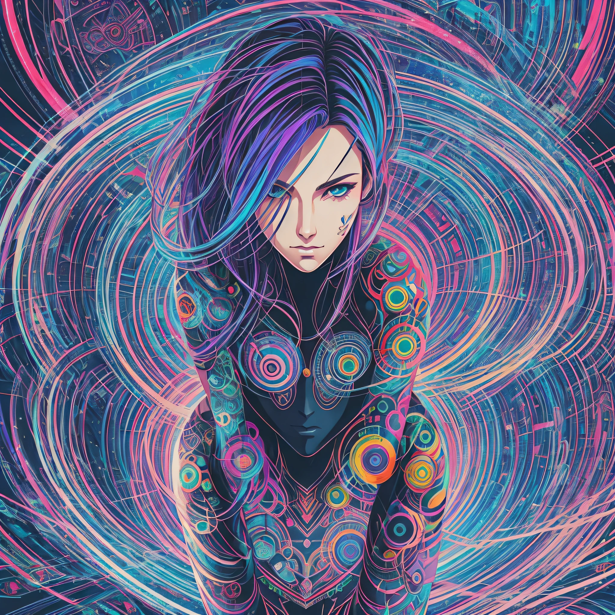 (Best quality, Masterpiece :1.3)), cyberpunk style hacker 1.3, beautiful face, full body, saturated colors, vendetta movie marker, psychedelic image, LSD, mandala, fractral, costume, tattoo, painted body, body leaning forward, art similar to Alex Grey's art, lots of color saturation, woman, vortex, very large and colorful hair, white skin, lots of resolution, lots of definition, details at most, no blur, no blur, lots of contrast and depth --auto --s2