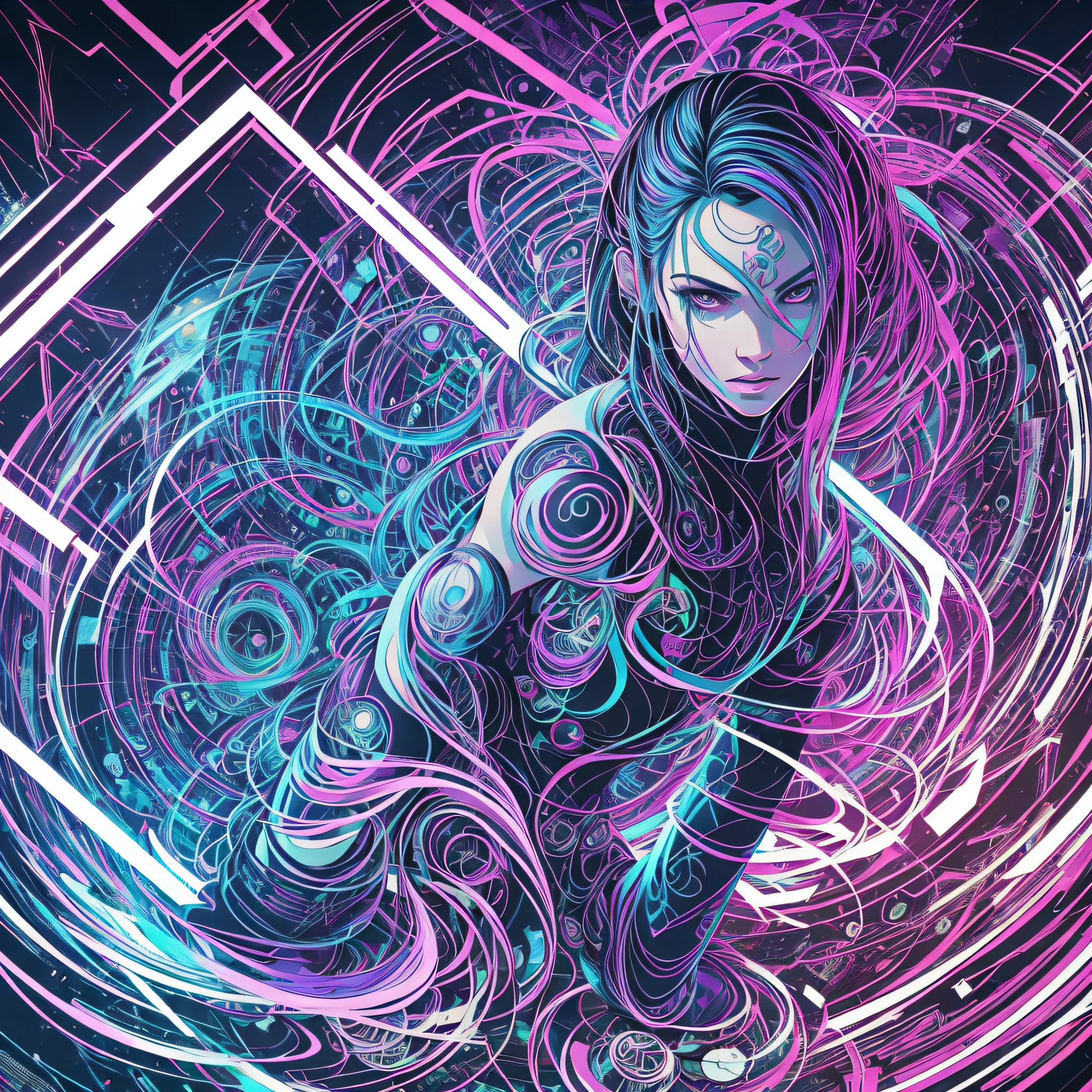 (Best quality, Masterpiece :1.3)), cyberpunk style hacker 1.3, beautiful face, full body, saturated colors, vendetta movie marker, psychedelic image, LSD, mandala, fractral, costume, tattoo, painted body, body leaning forward, art similar to Alex Grey's art, lots of color saturation, woman, vortex, very large and colorful hair, white skin, lots of resolution, lots of definition, details at most, no blur, no blur, lots of contrast and depth --auto --s2