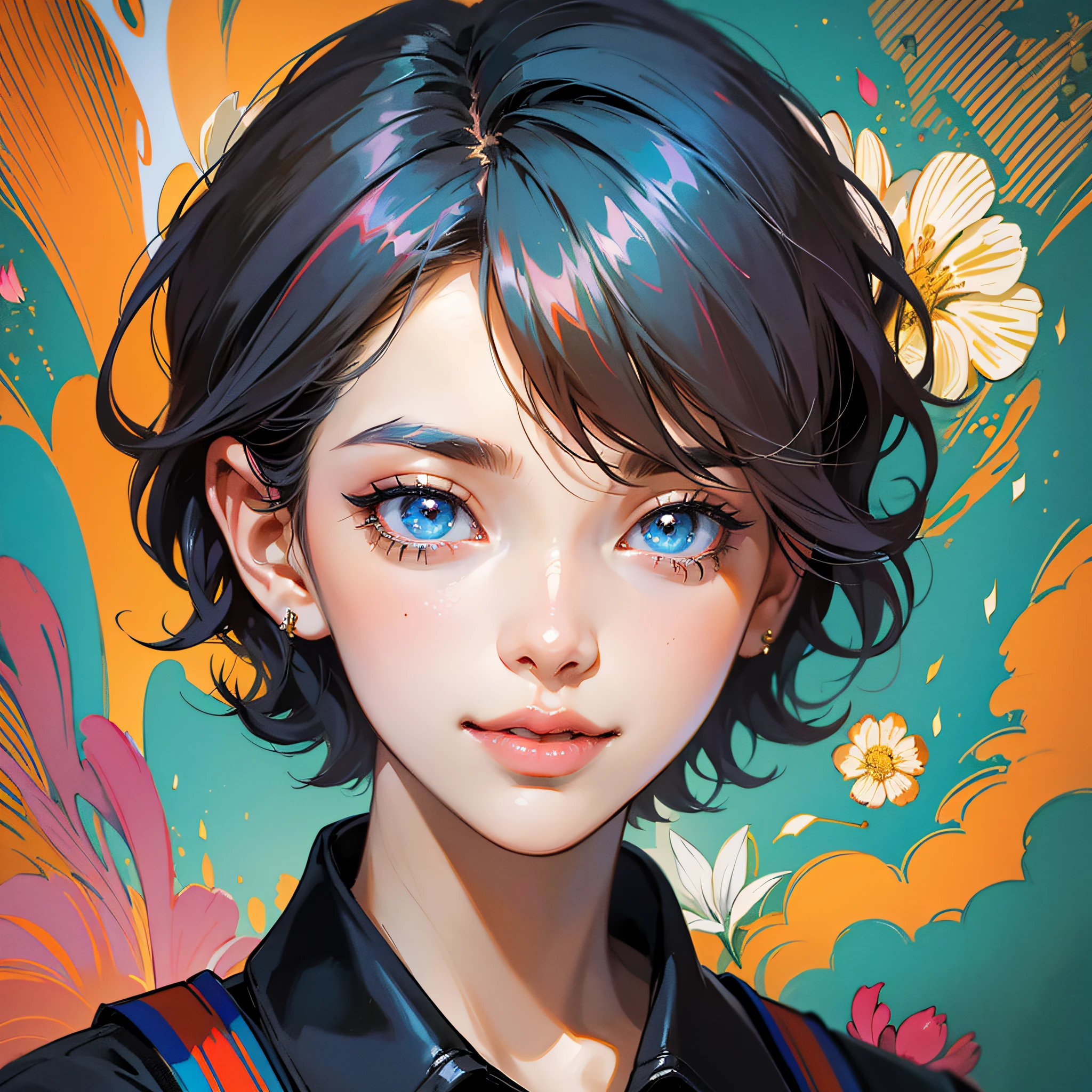 Masterpiece, best quality, {best quality}, {{masterpiece}}, {highres}, focus, anime style, a closeup of a cartoon of a woman, girl design, portrait, giesha, anime image, short hair, colored hair, polished and powerful look, exotic, happy, cheerful, vintage clothing, colorful, colors --auto --s2