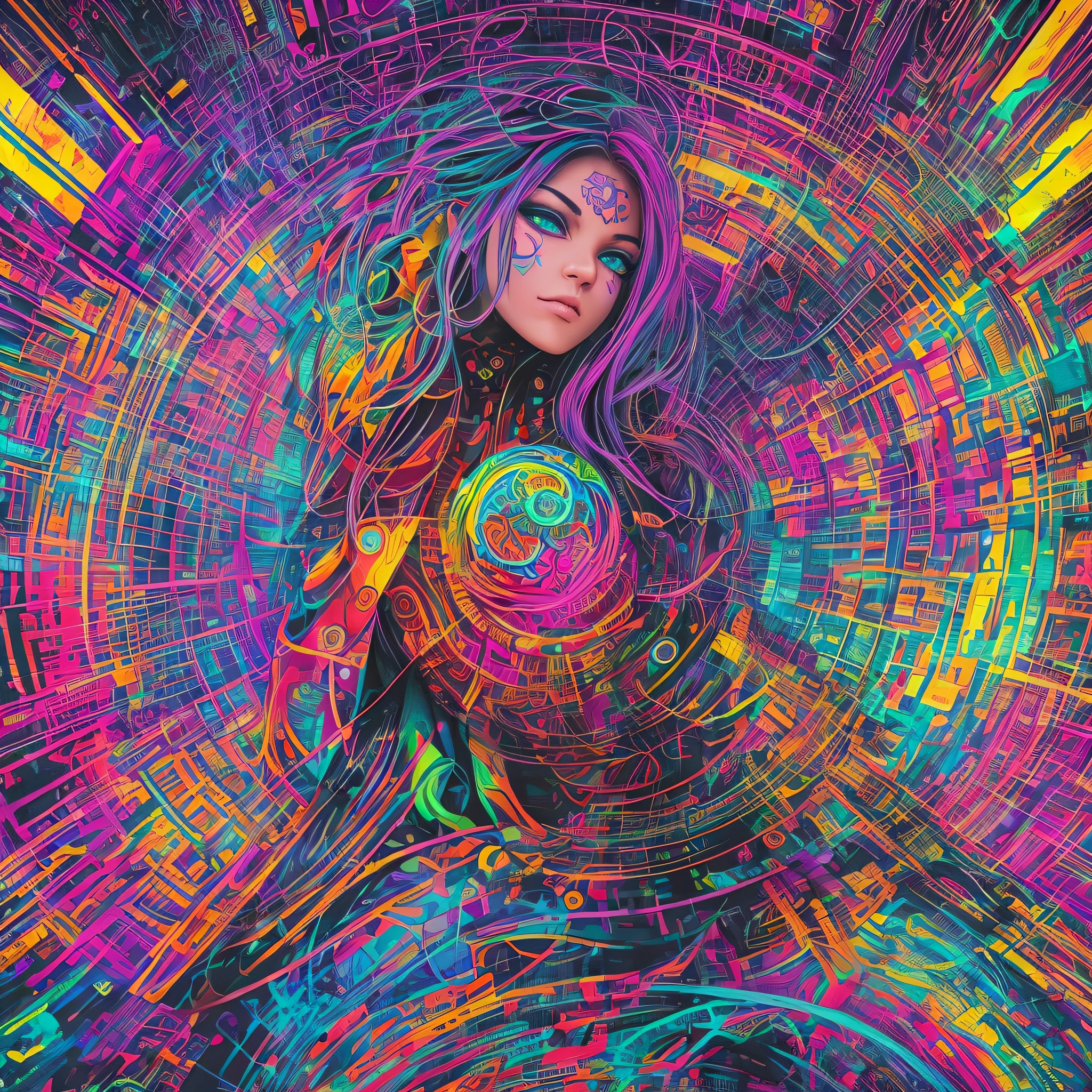 (Best quality, Masterpiece :1.3)), cyberpunk style hacker 1.3, beautiful face, full body, saturated colors, vendetta movie marker, psychedelic image, LSD, mandala, fractral, costume, tattoo, painted body, body leaning forward, art similar to Alex Grey's art, lots of color saturation, woman, vortex, very large and colorful hair, white skin, lots of resolution, lots of definition, details at most, No blur, no blur, lots of contrast --auto --s2