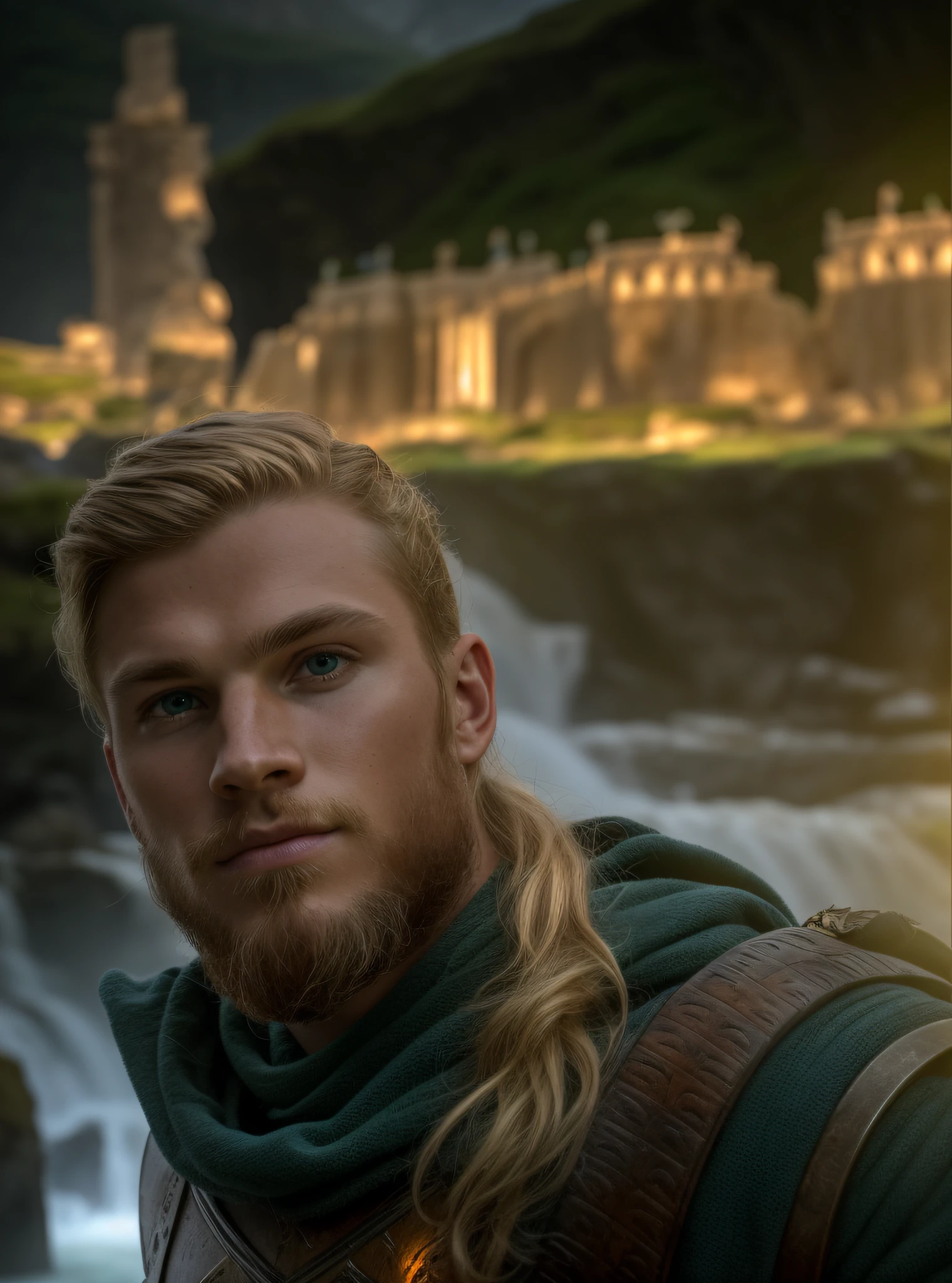 fking_scifi_v2, portrait of a very strong young Viking warrior, muscular and naked, long messy hair, standing in a waterfall, cliffs, close-up, face of victory, conqueror pose and attitude.