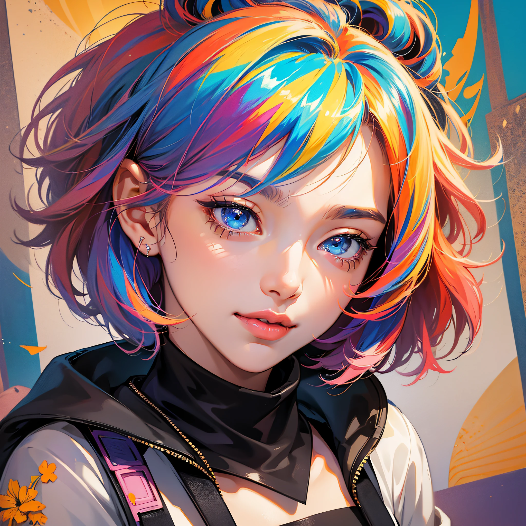 Masterpiece, best quality, {best quality}, {{masterpiece}}, {highres}, focus, anime style, a closeup of a cartoon of a woman, girl design, portrait, giesha, anime image, short hair, colored hair, polished and powerful look, exotic, happy, cheerful, rock clothes, colorful, colors --auto --s2
