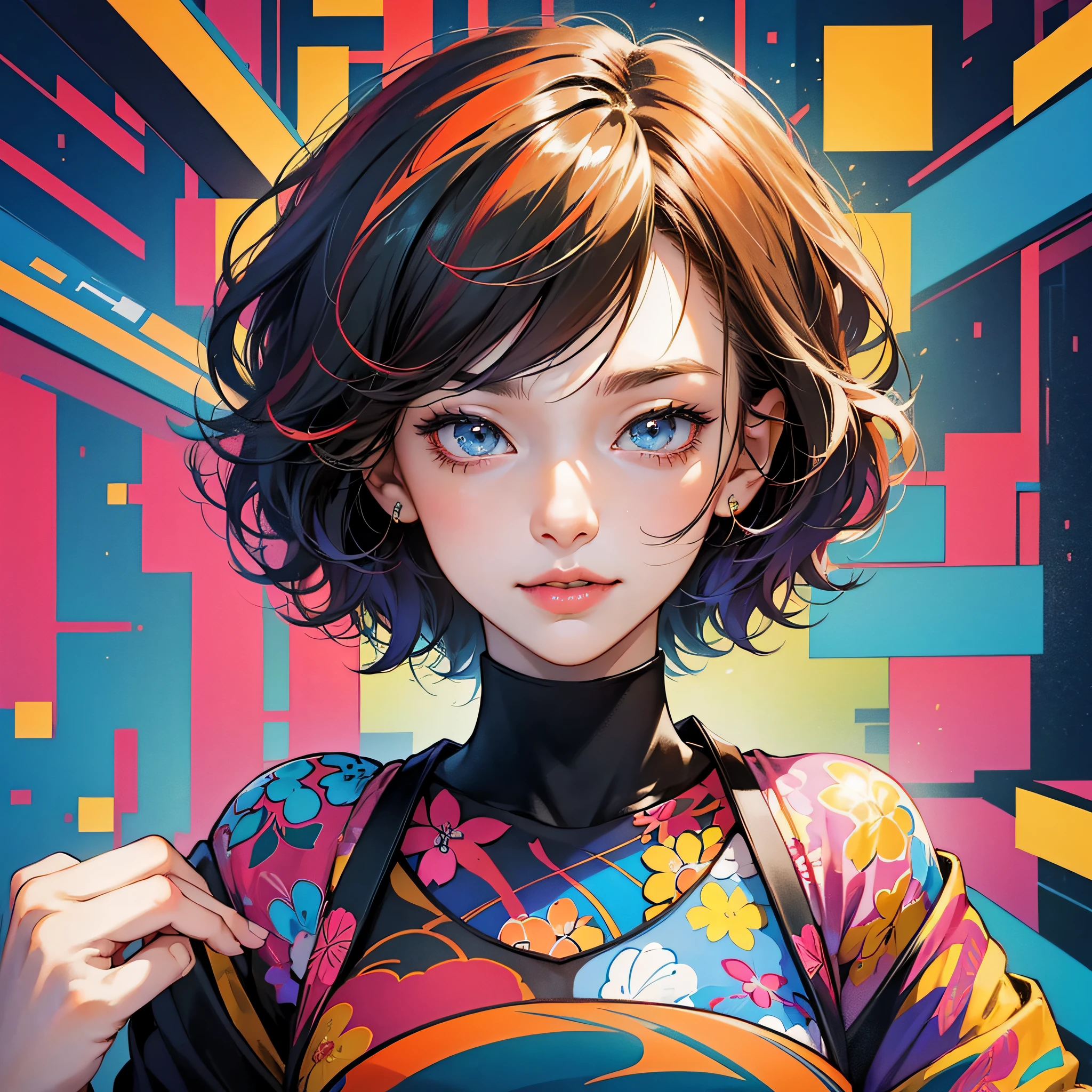 Masterpiece, best quality, {best quality}, {{masterpiece}}, {highres}, focus, anime style, a closeup of a cartoon of a woman, girl design, portrait, giesha, anime image, short hair, colored hair, polished and powerful look, exotic, happy, cheerful, rock clothes, colorful, colors --auto --s2