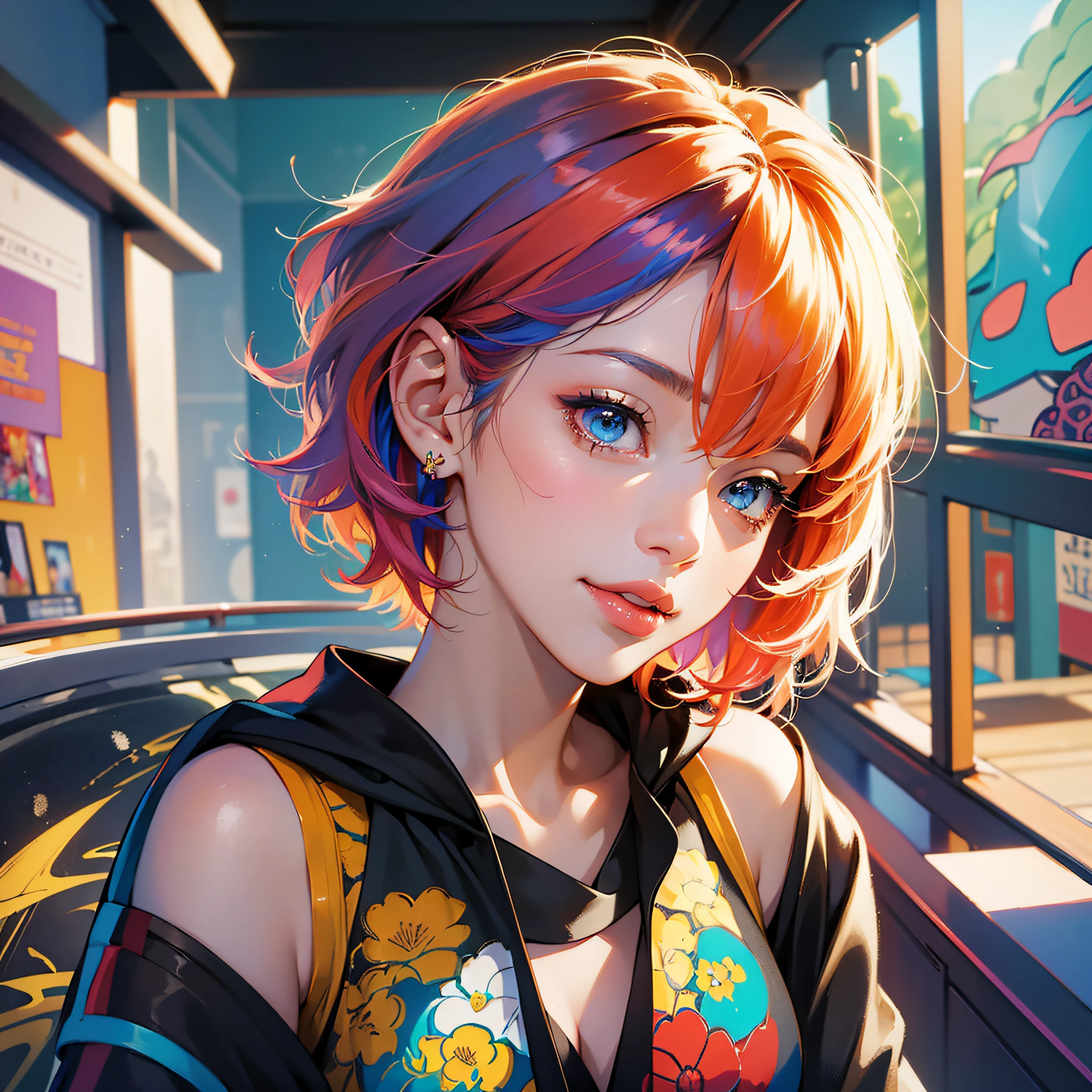 Masterpiece, best quality, {best quality}, {{masterpiece}}, {highres}, focus, anime style, a closeup of a cartoon of a woman, girl design, portrait, giesha, anime image, short hair, colored hair, polished and powerful look, exotic, happy, cheerful, rock clothes, colorful, colors --auto --s2