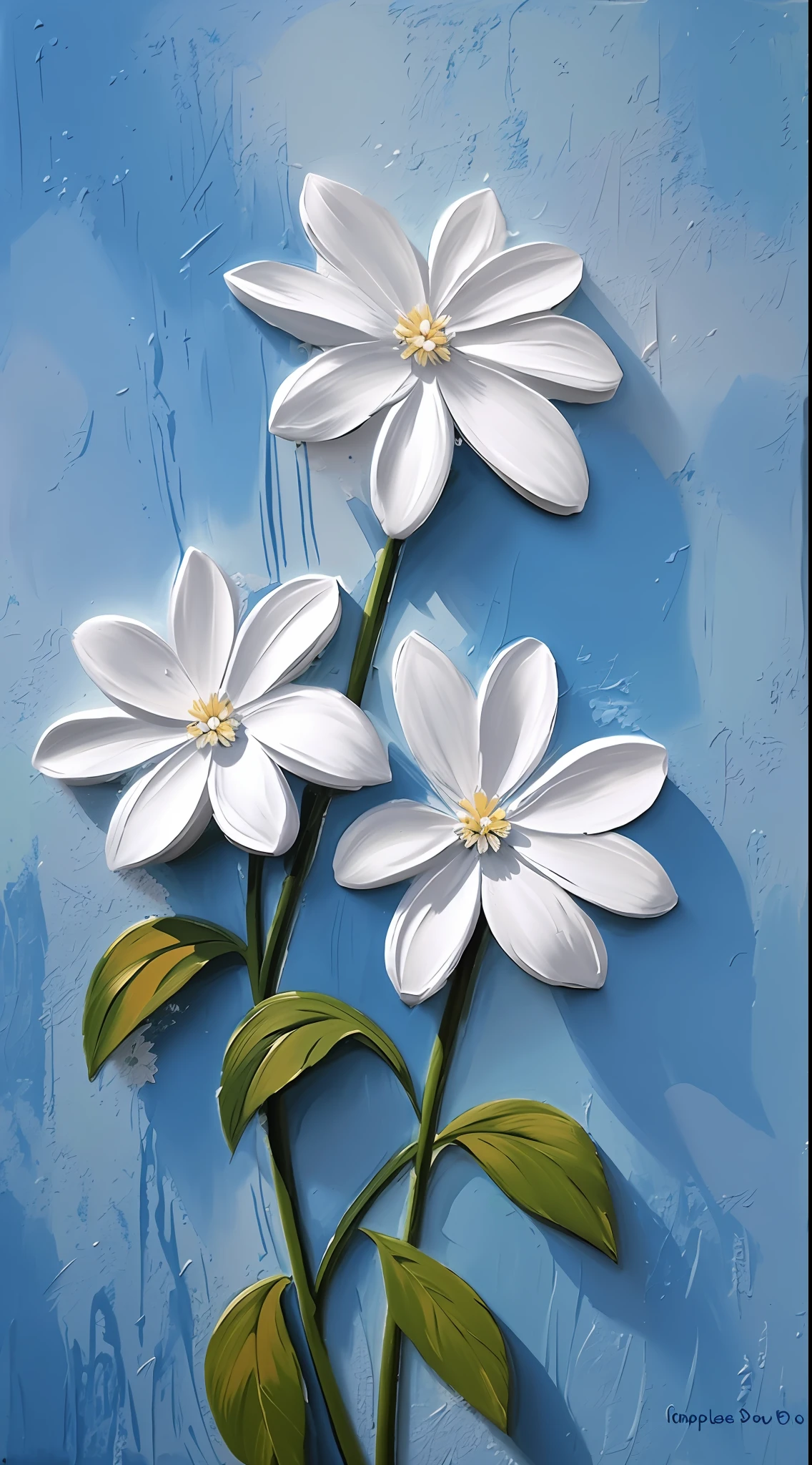 painting of three white flowers on a blue background with green leaves, oil paint impasto reliefs, oil paint impasto relief, white flowers, daisies, acrylic art, 3 d oil painting, oil painting in a modern style, realistic flowers oil painting, impasto painting, detailed impasto, impasto paint, white flower, stylized flowers