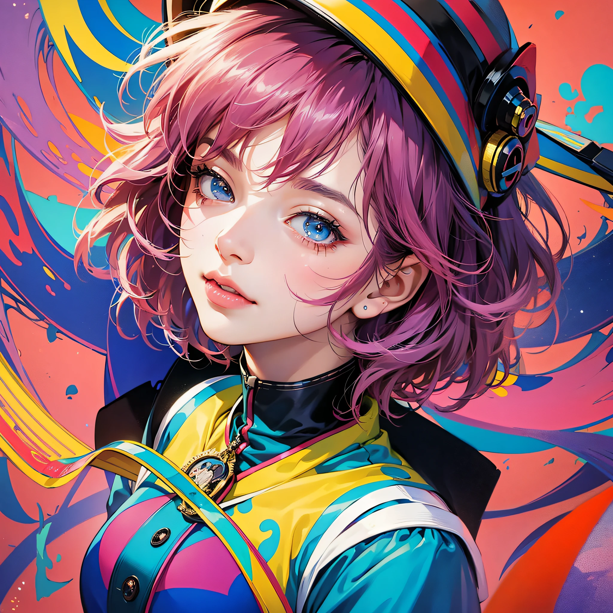 Masterpiece, best quality, {best quality}, {{masterpiece}}, {highres}, focus, anime style, a closeup of a cartoon of a woman, 1girl, girl design, portrait, giesha, anime image, short hair, colored hair, polished and powerful look, exotic, happy, cheerful, hip hop outfit, colorful, colors --auto --s2