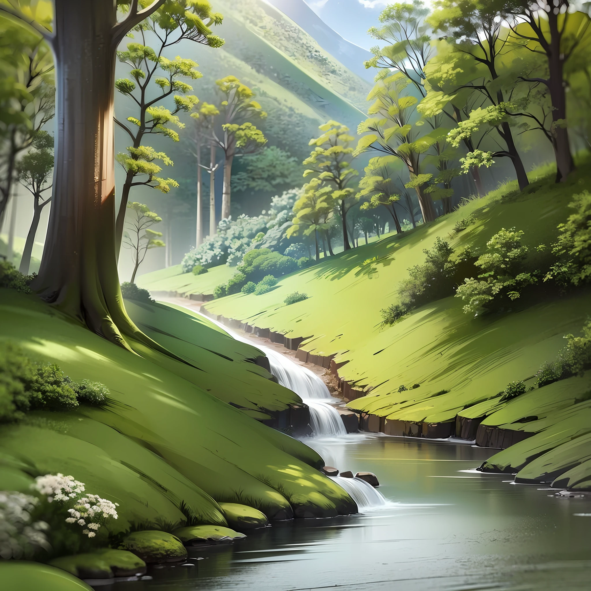 verdant, vast, serene, picturesque, rural, quiet, mountainous, leafy trees, stream, animals, flowers, --auto --s2