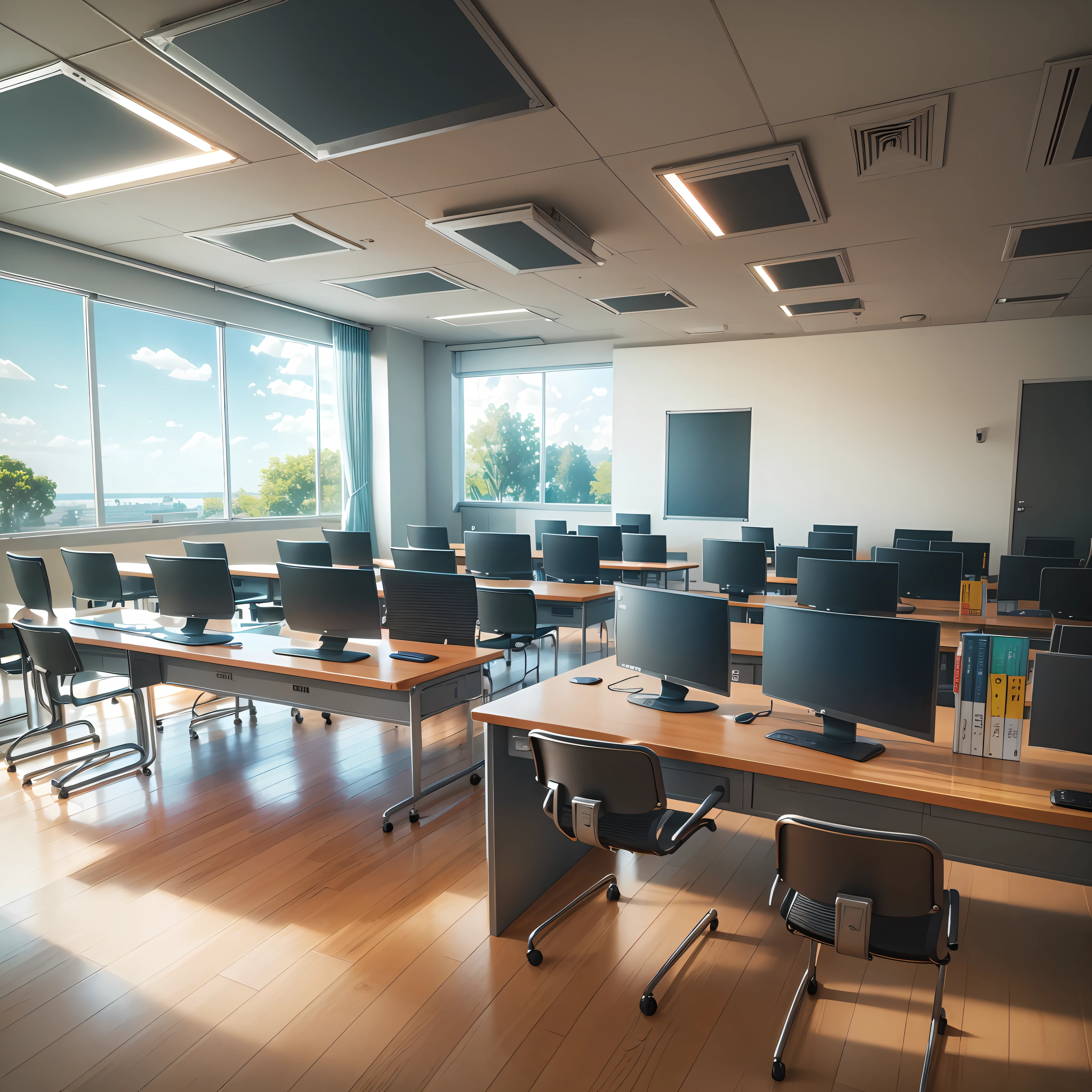 Bright classrooms with desks and chairs, graphical workstations on the desk, and the monitor interface with Premier editing software open. There is a panoramic camera next to the podium --auto --s2
