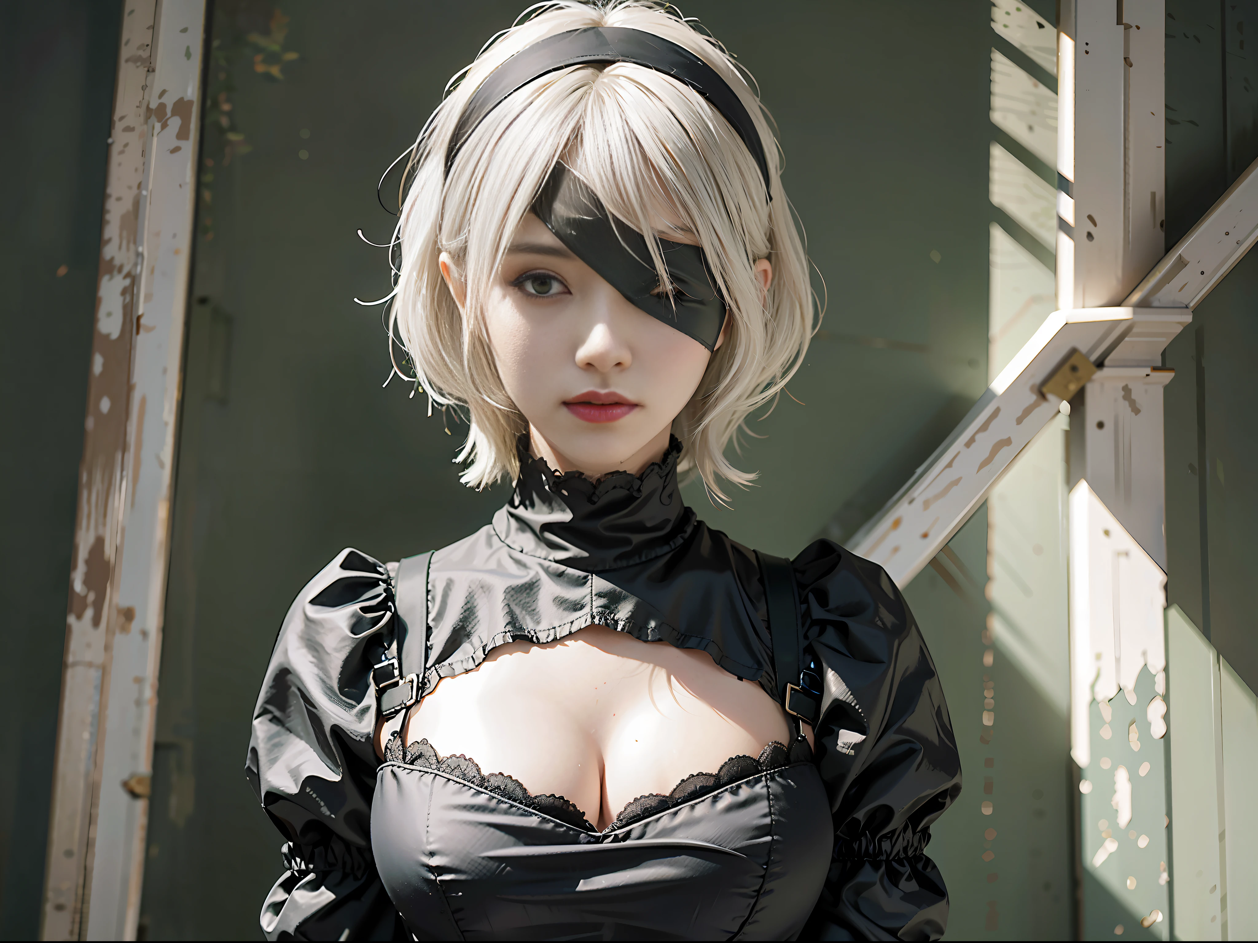 yorha no. 2 type b, 1girl, wlop, (blindfold), breasts, cleavage, cleavage cutout, clothing cutout, green background, hair between eyes, hairband, highres, juliet sleeves, long sleeves, nier (series), nier automata, puffy sleeves, red lips, shaded face, short hair, solo, turtleneck, upper body, white hair, sky