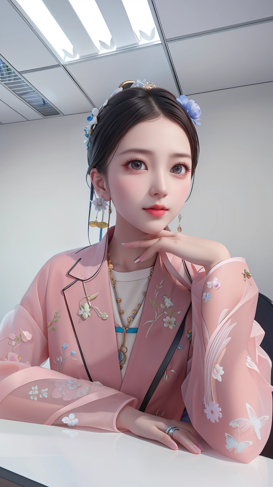 There is a woman sitting at a table with a mobile phone, a photo inspired by Ma Yuanyu, Instagram, New Dada, Chen Xintong, Ye Wenfei, Zhang Tingting, Professional Avatar, Best Quality, Masterpiece, High Resolution, 1girl, Beautiful Face, Tyndall Effect, Realistic, Edge Lighting, Two-tone Lighting, Hand Detailing, Finger Restoration. (High Detail Skin: 1.2), 8k UHD, DSLR, Soft Lighting, High Quality, Volume Lighting, Frank, Photo, High Resolution, 4K, 8K, Bokeh, Detail Enhancement