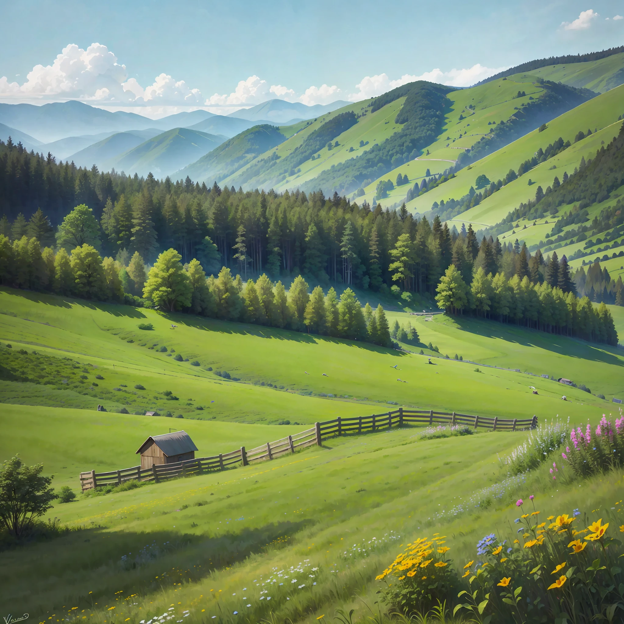 Verdant
Vast
Peaceful
Picturesque
Rural
Quiet
Idyllic
Fertile
Soft
Mountainous
Meadows
Leafy trees
Stream
Open
Birds singing
Animal herds
Wooden fences
Dirt trails
Undulating hills
Wildflowers --auto --s2