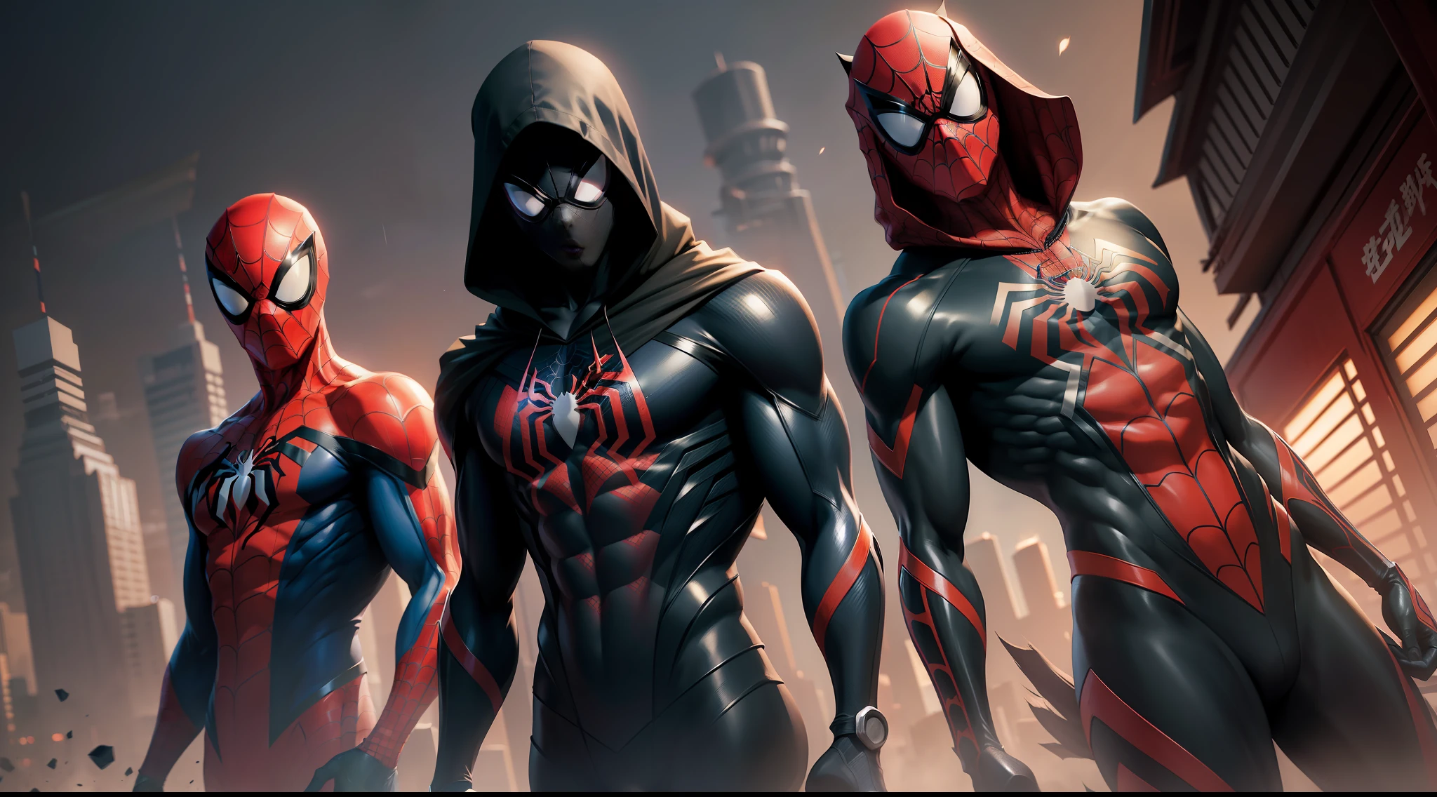 spider man ninja - spider - man and spider - man in a dark temple japan, spider - verse art style, into the spiderverse, spiderverse, into the spider verse, futuristic style spiderman, miles morales!!!, 3840 x 2160, 3840x2160, miles morales, hq 4k wallpaper, rendered in sfm, super detailed render