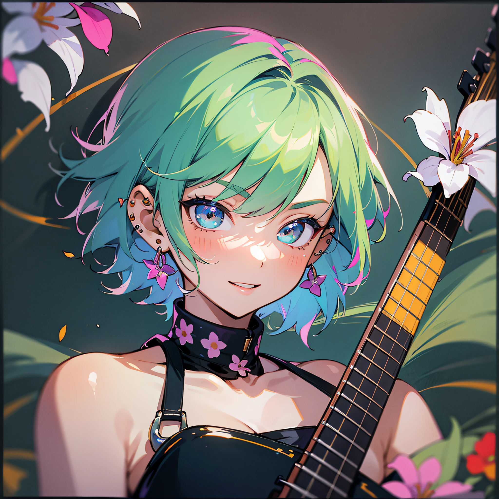 masterpiece, best quality, {best quality}, {{masterpiece}}, {highres}, focus, anime style, a closeup of a cartoon of a woman, 1girl, girl design, portrait, giesha, anime image, short hair, colored hair, polished and powerful look, exotic, happy, cheerful, rocker outfit, piercings, guitar, sound, flowers, colorful, colors --auto --s2