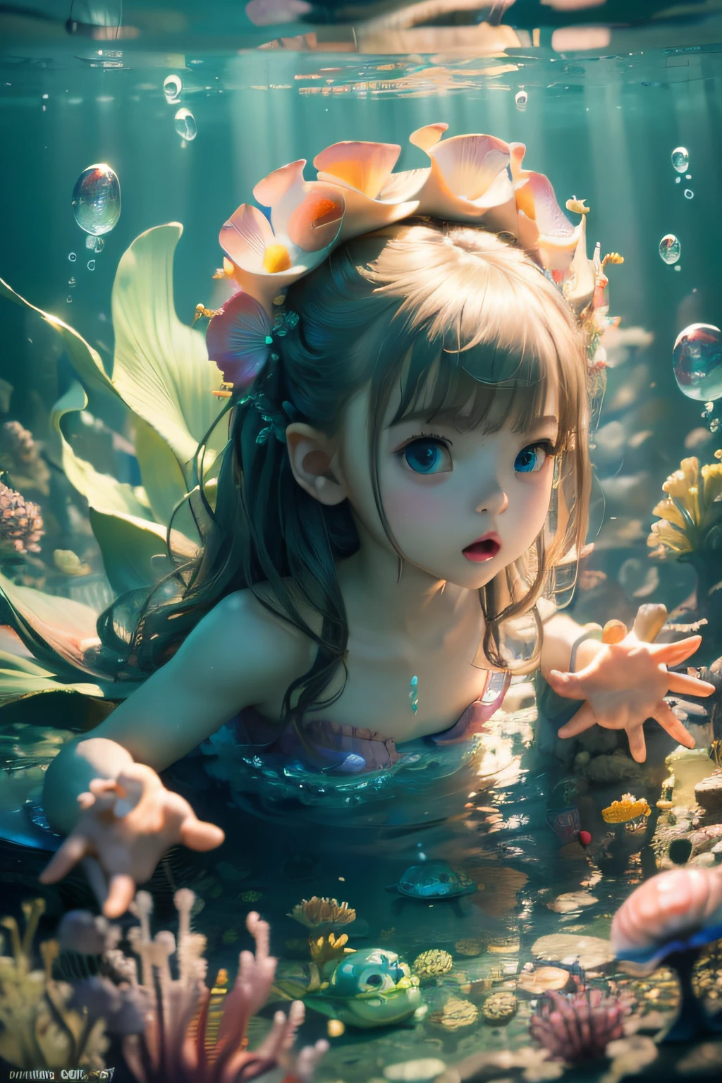 (Masterpiece, Best Quality:1.3), (8k resolution), (ultra-detailed:1.1), madgod, stop motion, horror, 1girl, , littmaid, flat chest, glowing, monster, underwater, jellyfish, glowing:0.3, (details:1.2), volumetric lighting, (extremely detailed), bubble, photorealistic, highres