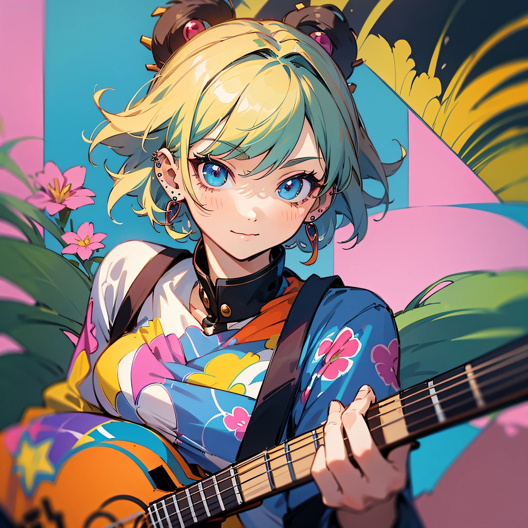 masterpiece, best quality, {best quality}, {{masterpiece}}, {highres}, focus, anime style, a closeup of a cartoon of a woman, 1girl, girl design, portrait, giesha, anime image, short hair, colored hair, polished and powerful look, exotic, happy, cheerful, rocker outfit, piercings, guitar, sound, flowers, colorful, colors --auto --s2