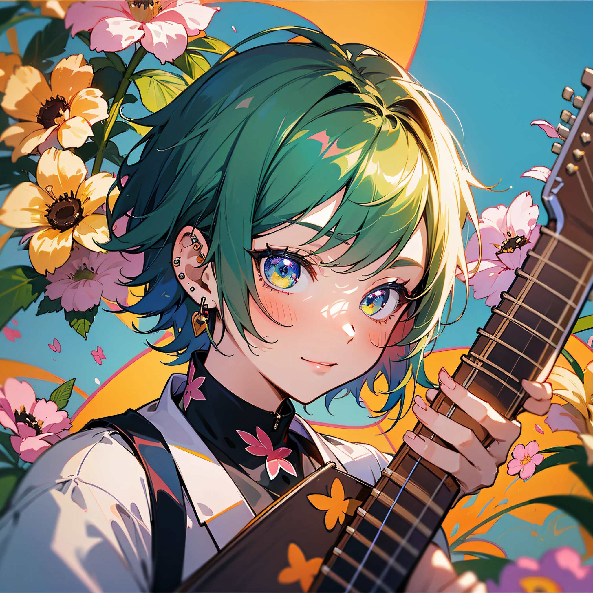 masterpiece, best quality, {best quality}, {{masterpiece}}, {highres}, focus, anime style, a closeup of a cartoon of a woman, 1girl, girl design, portrait, giesha, anime image, short hair, colored hair, polished and powerful look, exotic, happy, cheerful, rocker outfit, piercings, guitar, sound, flowers, colorful, colors --auto --s2