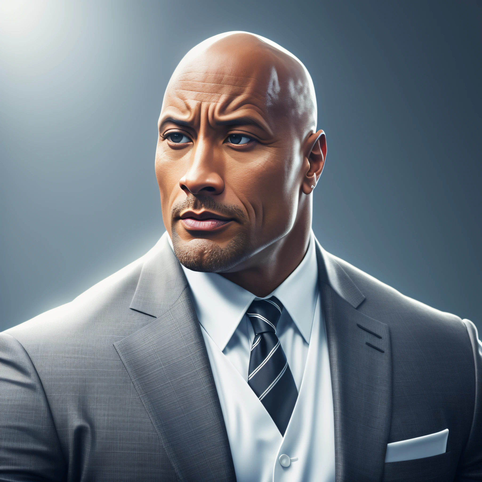 Dwayne Johnson in suit and tie, fotorrealistic, white background, bald, cinematic lighting, reflection light, high quality, textured skin --auto --s2