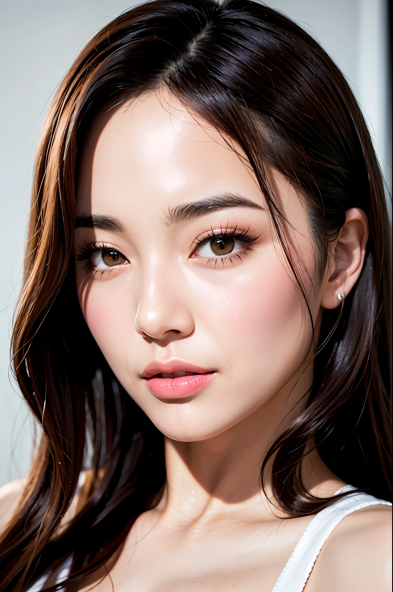 (8K, HDR, highres), ((((Photography, RAW photo, hyperrealism, masterpiece, best quality, ultra highres)))), (pin light, back light, backlighting, cinematic light), sharp focus:1. 4, (hyper detail, finely detailed), face close-up, close-up,
1girl, Oval-shaped face,
Large and pretty cat-like eyes with thick eyelashes,
Pointy nose,
Small and pretty but plump lips,
Thick eyebrows,
Long and pretty eyelashes,
Transparent makeup with a touch of pink blush and sparkling lip gloss,
Long wavy hairstyle,