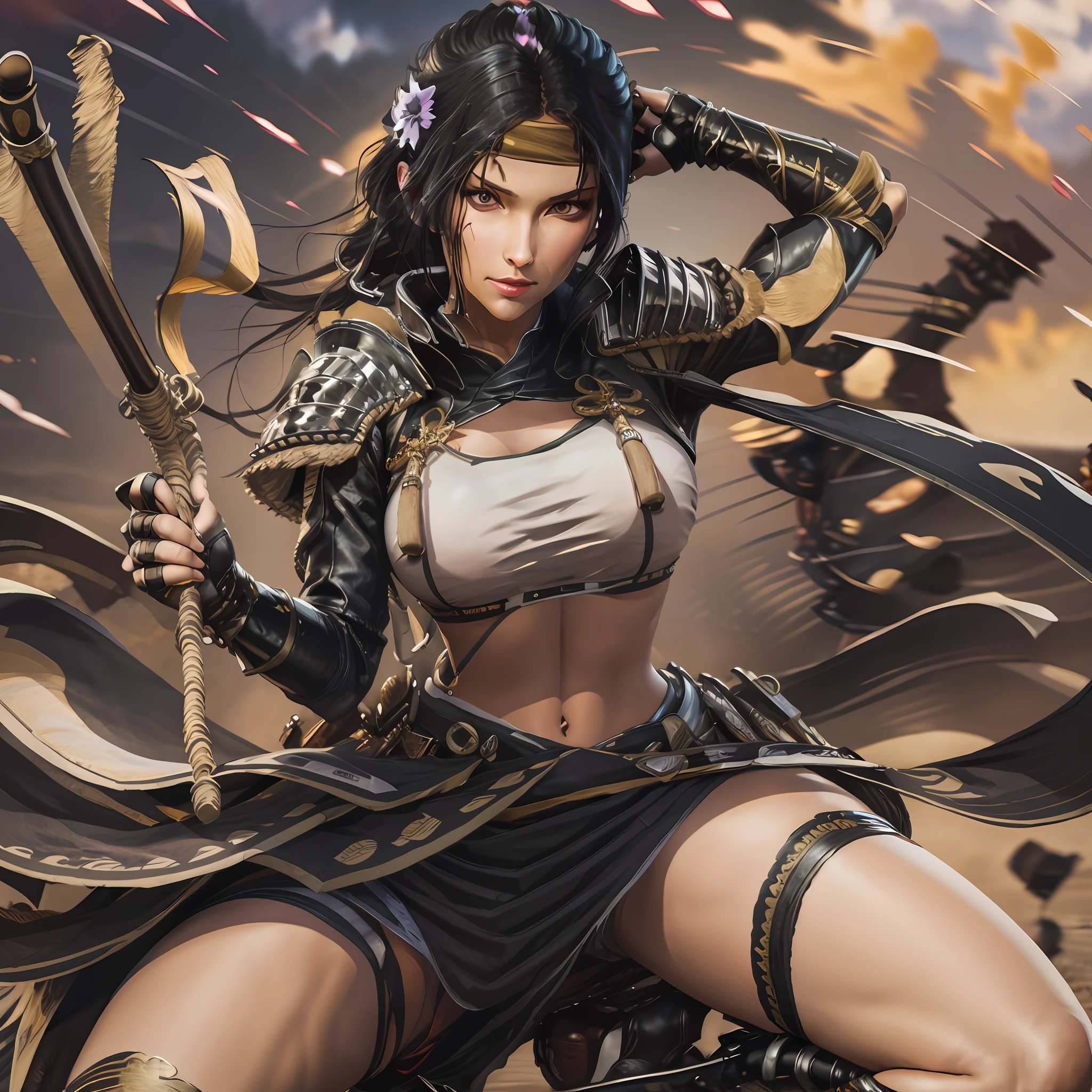 Woman big boobs high black with sword honey colored eyes pumped in desert super realism well detailed full hd