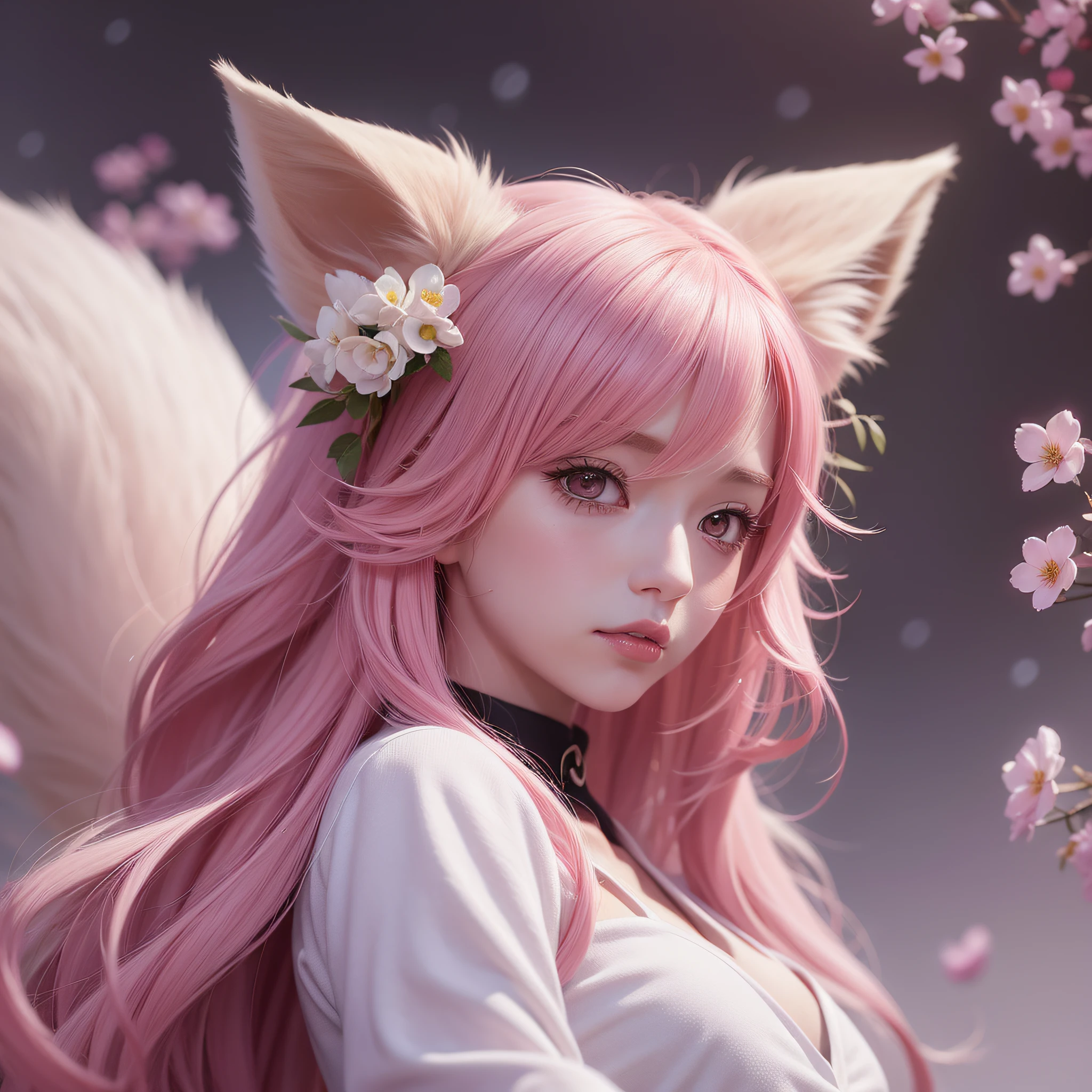 Nine snow-white fox tails (1.0), milky fox tail (1.0), fox close-up of nine tails, nine-tails, nine-tails, anime girl with pink hair and pink dress with flowers on her hair, very beautiful anime fox girl, beautiful anime fox girl, beautiful fantasy anime, guweiz, anime girl with fox ears, beautiful anime girl, very beautiful and cute fox girl, pink flower rain, background blur, anime style 4 K, anime fantasy artwork, 4k anime wallpaper, Artwork in the Guvez style