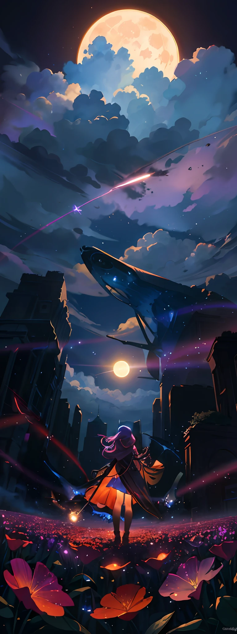 expansive landscape photograph , (a view from below that shows sky above and open field below), anime girl with a hoodie standing on flower field looking up, (full moon:1.2), ( shooting stars:0.9), (nebula:1.3), distant mountain, tree BREAK
production art, (warm light source:1.3), (Firefly:1.3), lamp, lot of purple and orange, intricate details, volumetric lighting, realism BREAK
(masterpiece:1.2), (best quality), 4k, ultra-detailed, (dynamic composition:1.4), highly detailed, colorful details,( iridescent colors:1.4), (glowing lighting, atmospheric lighting), dreamy, magical, (solo:1.2)