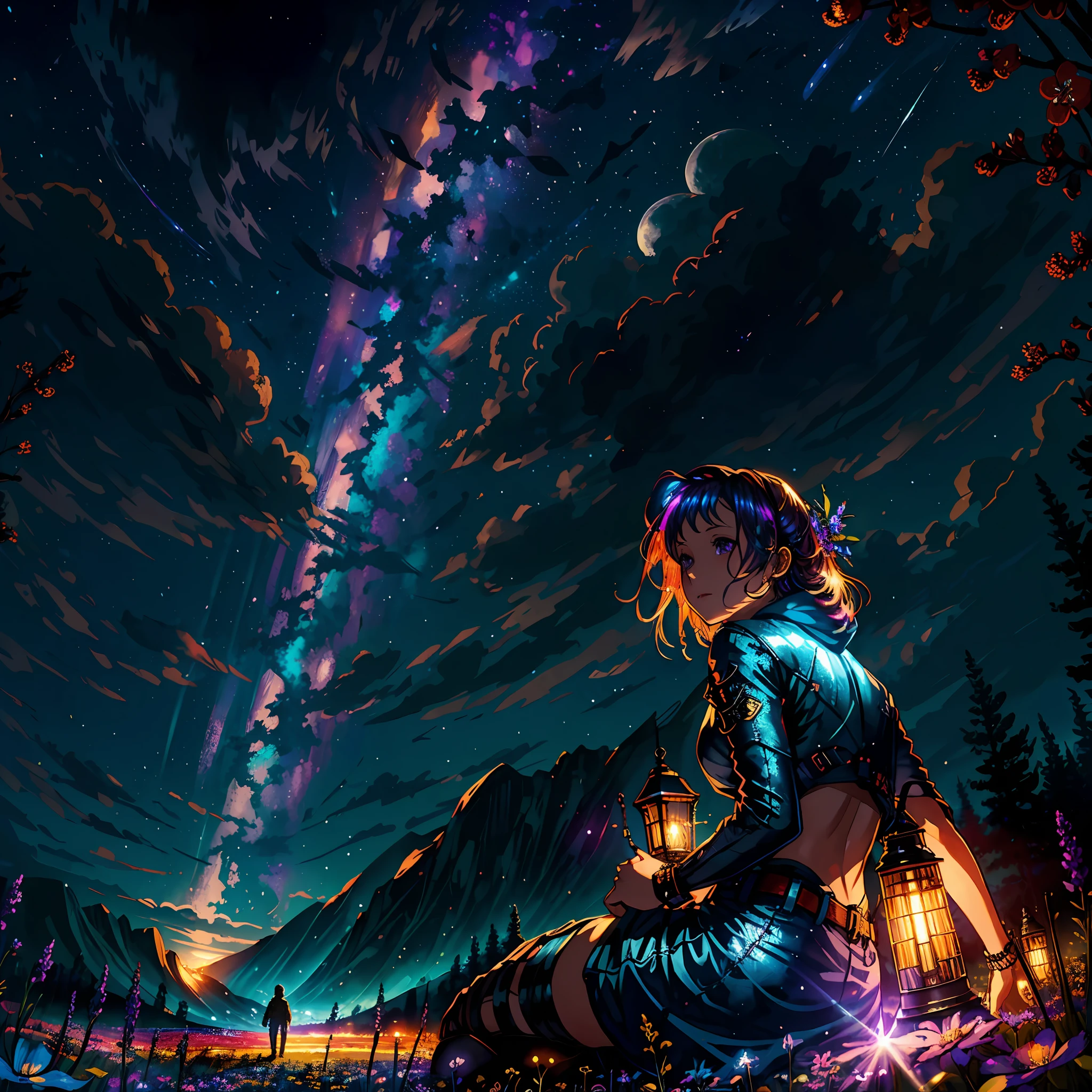 expansive landscape photograph , (a view from below that shows sky above and open field below), a boy with a hoodie lying down on flower field looking up, (full moon:1.2), ( shooting stars:0.9), (nebula:1.3), distant mountain, tree,rain bow, Starry night,BREAK
production art, (warm light source:1.2), (Firefly:1.2), lamp, lot of purple and orange, intricate details, volumetric lighting, realism BREAK
(masterpiece:1.2), (best quality), 4k, ultra-detailed, (dynamic composition:1.4), highly detailed, colorful details,( iridescent colors:1.2), (glowing lighting, atmospheric lighting), dreamy, magical, (solo:1.2)