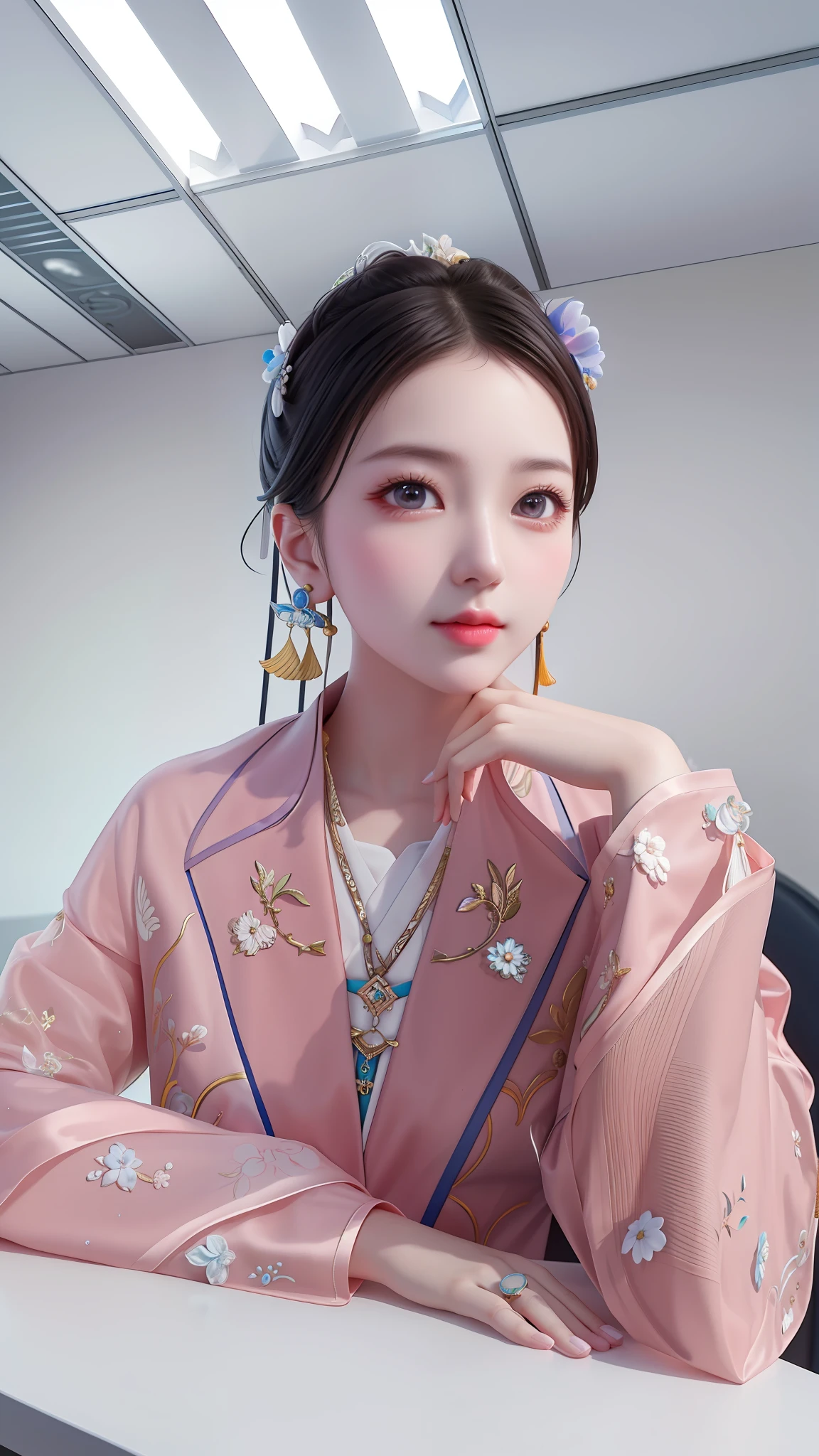 There is a woman sitting at a table with a mobile phone, a photo inspired by Ma Yuanyu, Instagram, New Dada, Chen Xintong, Ye Wenfei, Zhang Tingting, Professional Avatar, Best Quality, Masterpiece, High Resolution, 1girl, Beautiful Face, Tyndall Effect, Realistic, Edge Lighting, Two-tone Lighting, Hand Detailing, Finger Restoration. (High Detail Skin: 1.2), 8k UHD, DSLR, Soft Lighting, High Quality, Volume Lighting, Frank, Photo, High Resolution, 4K, 8K, Bokeh, Detail Enhancement