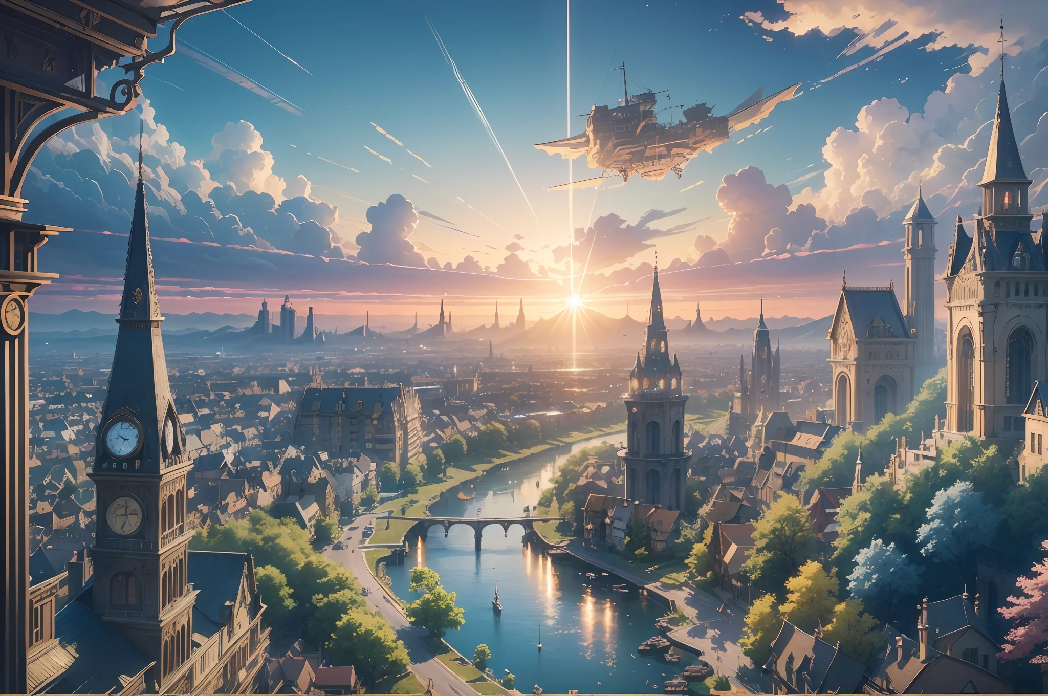 ultra-realistic scene, masterpiece, best quality, (very detailed CG Unity 8k wallpaper) (best quality), (best illustration), anime, aerial town, tower, (steampunk) theme, glow, ultra hd, village, flowers, blue sky, --auto --v6 --s2