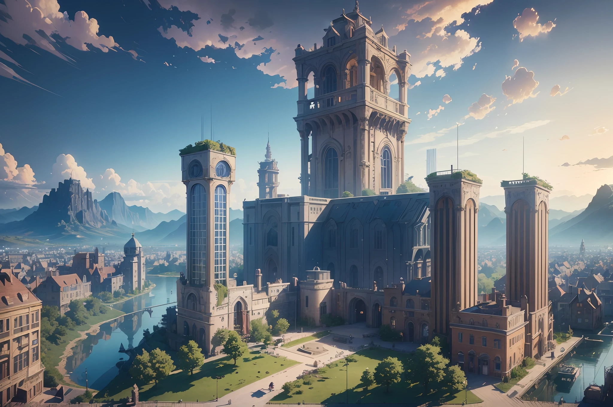 ultra-realistic scene, masterpiece, best quality, (very detailed CG Unity 8k wallpaper) (best quality), (best illustration), anime, aerial town, tower, (steampunk) theme, glow, ultra hd, village, flowers, blue sky, --auto --v6 --s2