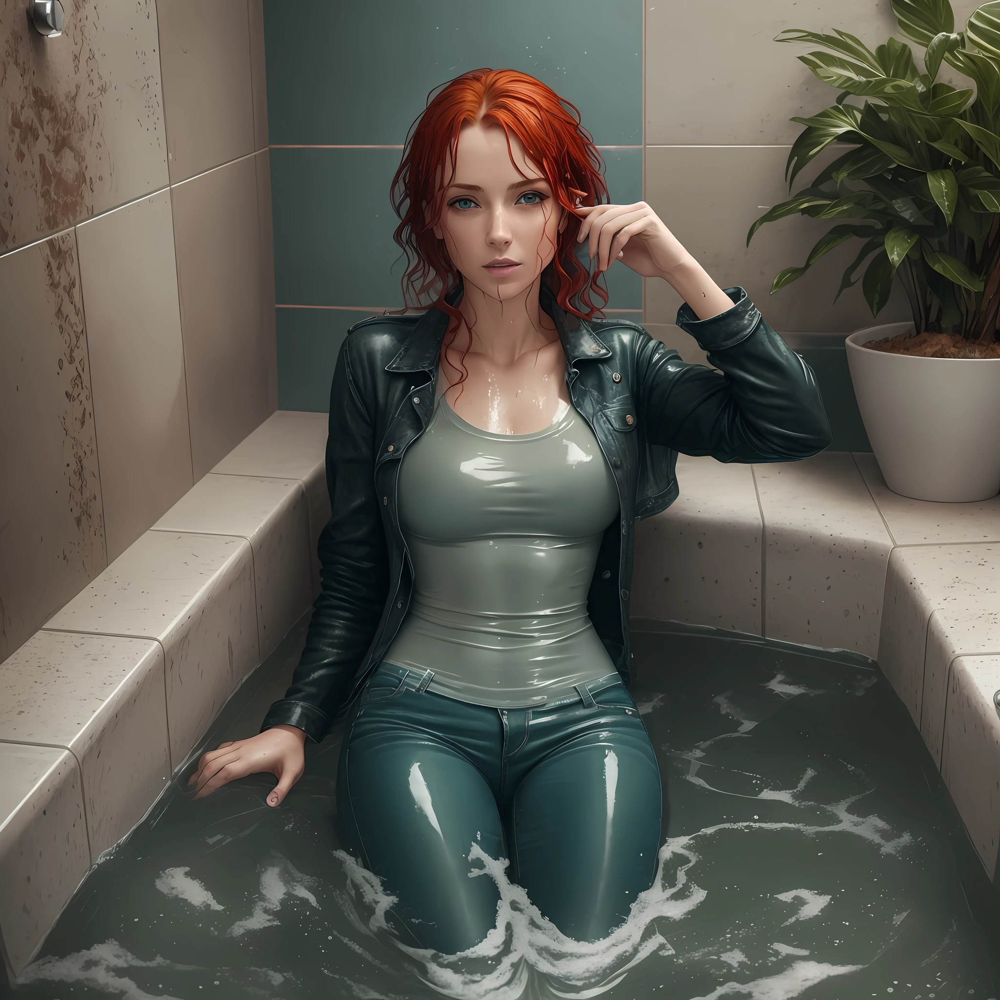 woman, wet clothing, taking a bath, skinny jeans, black ankle boots, red head, green eyes, soaking wet --auto --s2