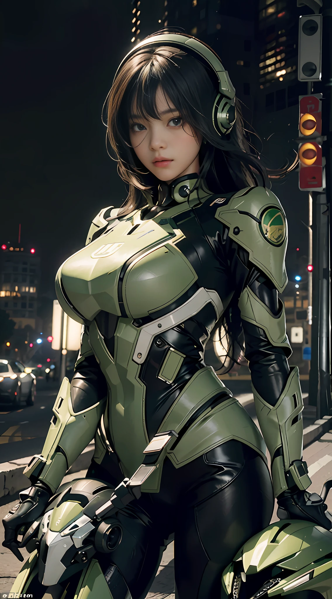 (highest image quality, outstanding detail, ultra-high resolution, realism x1.4), (the best illustration, give the soul of details), black and green mecha, zoom in, direction controller, futuristic urban high-tech lighting scene, 1girl has a delicate and beautiful face, wearing a high-tech mecha helmet, driving a high-speed motorcycle, and the background is seamlessly integrated.